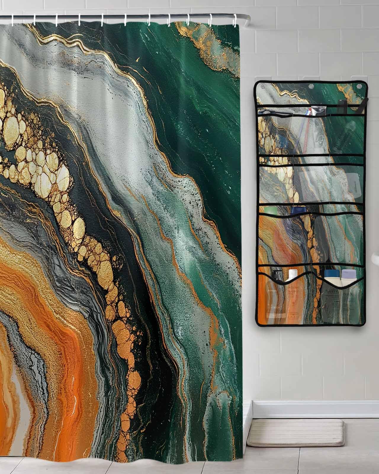 Decorative Shower Curtain Sets Ombre Orange Green Fabric Waterproof Shower Curtains Abstract Marble Geometric Striped Texture Mesh Shower