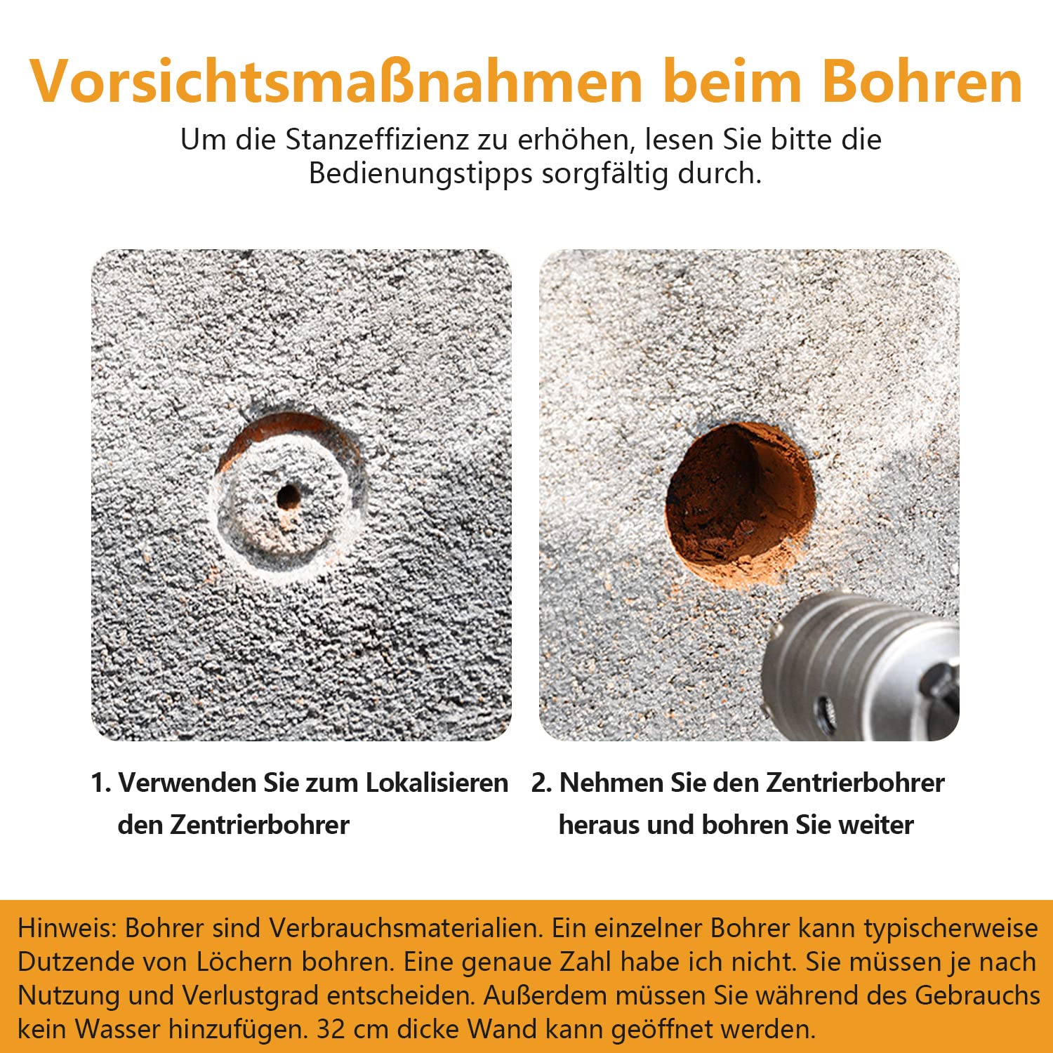 Beton Trocken Bohrkronen Set 6 Stück Ø 30 40 50 68 mm Kernbohrer mit 320 mm Rundgriff SDS Plus Schaft Hohlbohrkrone Set für Betonziegel Zement Steinwand Klimaanlage Mauerwerk Fliese