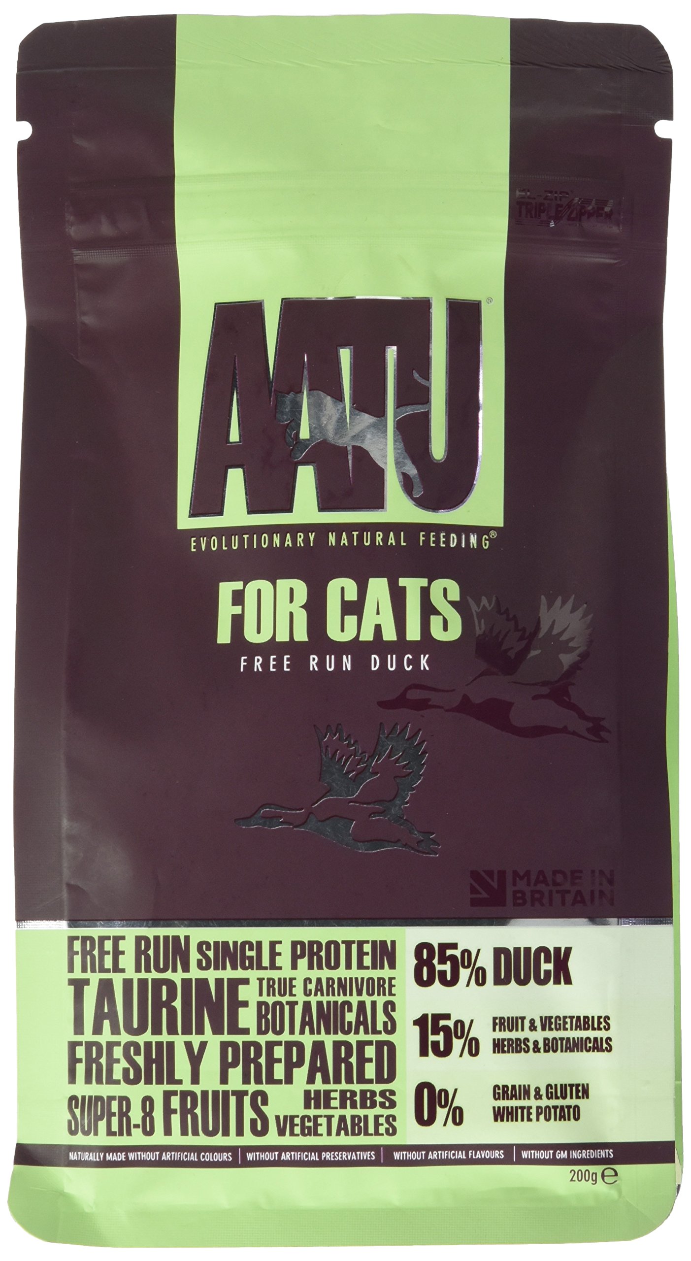 AATU Katzenfutter Trocken 200g – 85% Ente, Getreidefrei, Mit Super-8 Kräutern & Gemüse