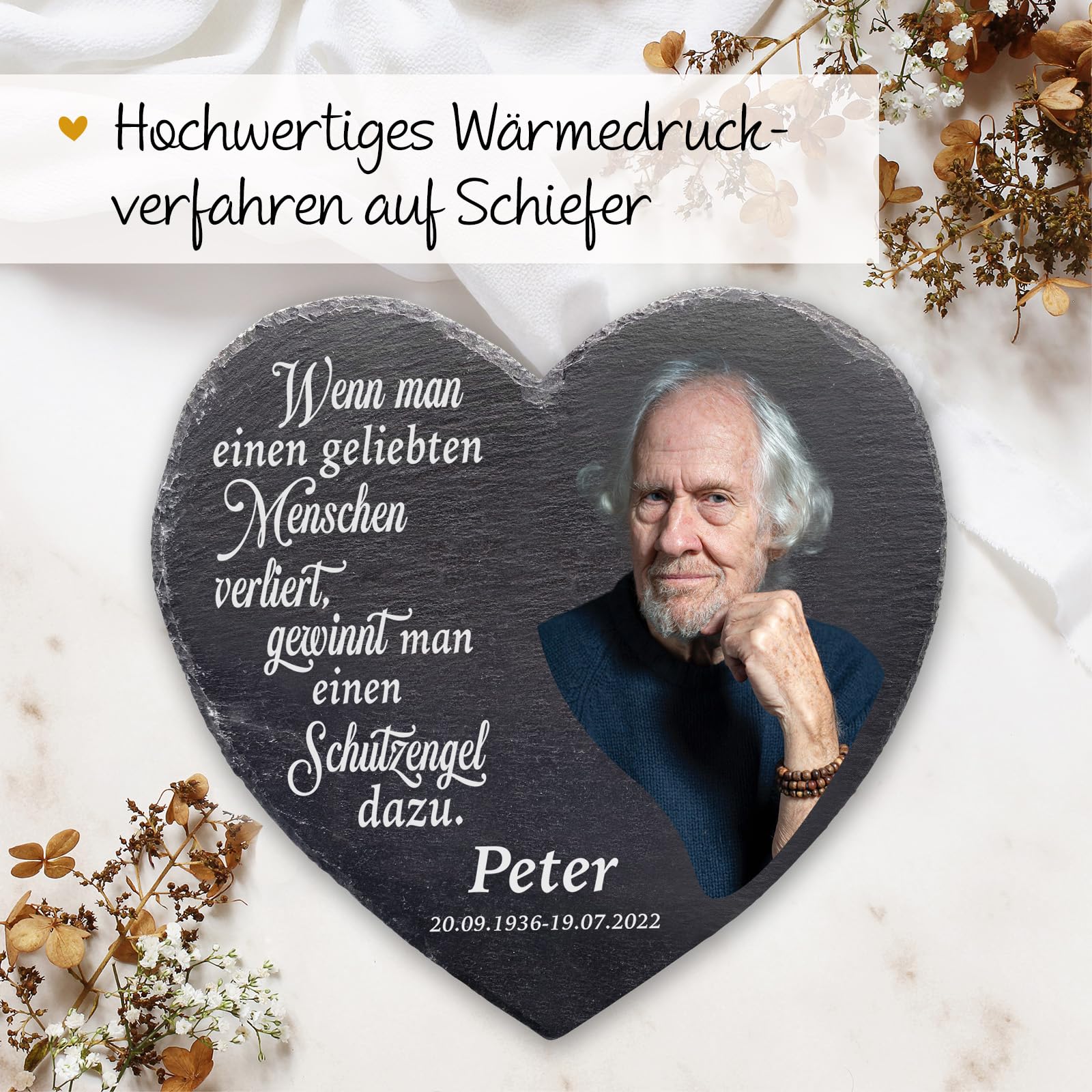 Love Faith personalisiertes Schieferherz - & Text - Trauergeschenk | Hochwertiges Schieferherz - Lade ein Foto hoch & gestalte mit Wunschtext - Liebevolles Trauergeschenk & Erinnerungsstück