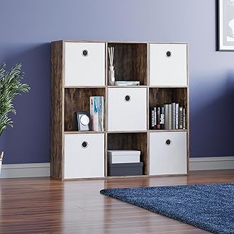 Vida Designs Durham Cube Bookcase Storage Organiser Living Room Bookshelf Home Office Furniture (9 Cube & 5 White Baskets, Dark Wood)