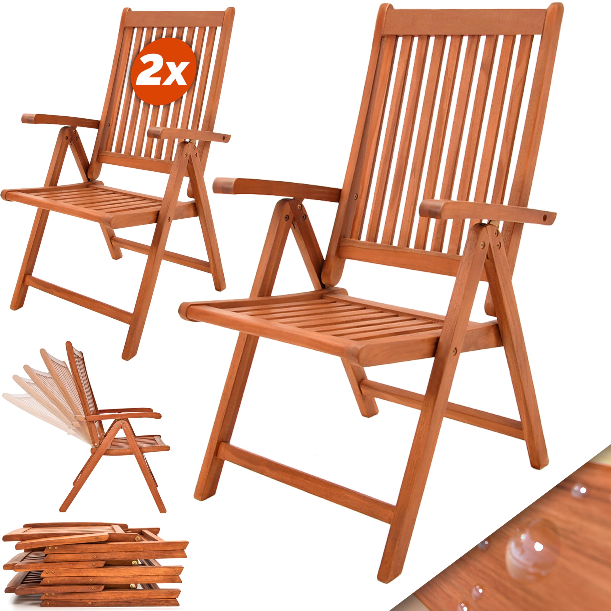 CASARIAยฎ 2x Vanamo High Back Garden Chairs | Wooden FSCยฎ-Certified Eucalyptus | 5 Position Backrest | 160kg Load Capacity | Folding Armchairs | Outdoor Wood Patio Furniture Set