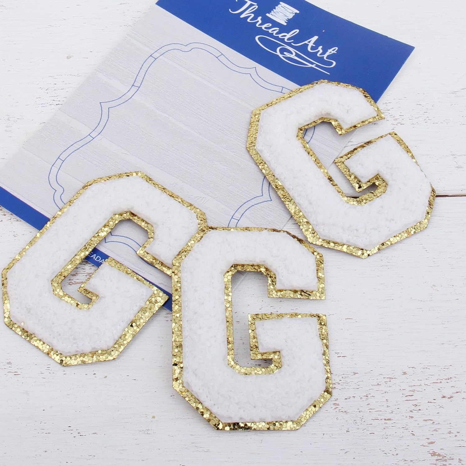 3 Pack Chenille Iron On Glitter Varsity Letter 5cm Tall "G" Patches - White Chenille Fabric with Gold Glitter Trim - Sew or Iron on - 5CM WHT G