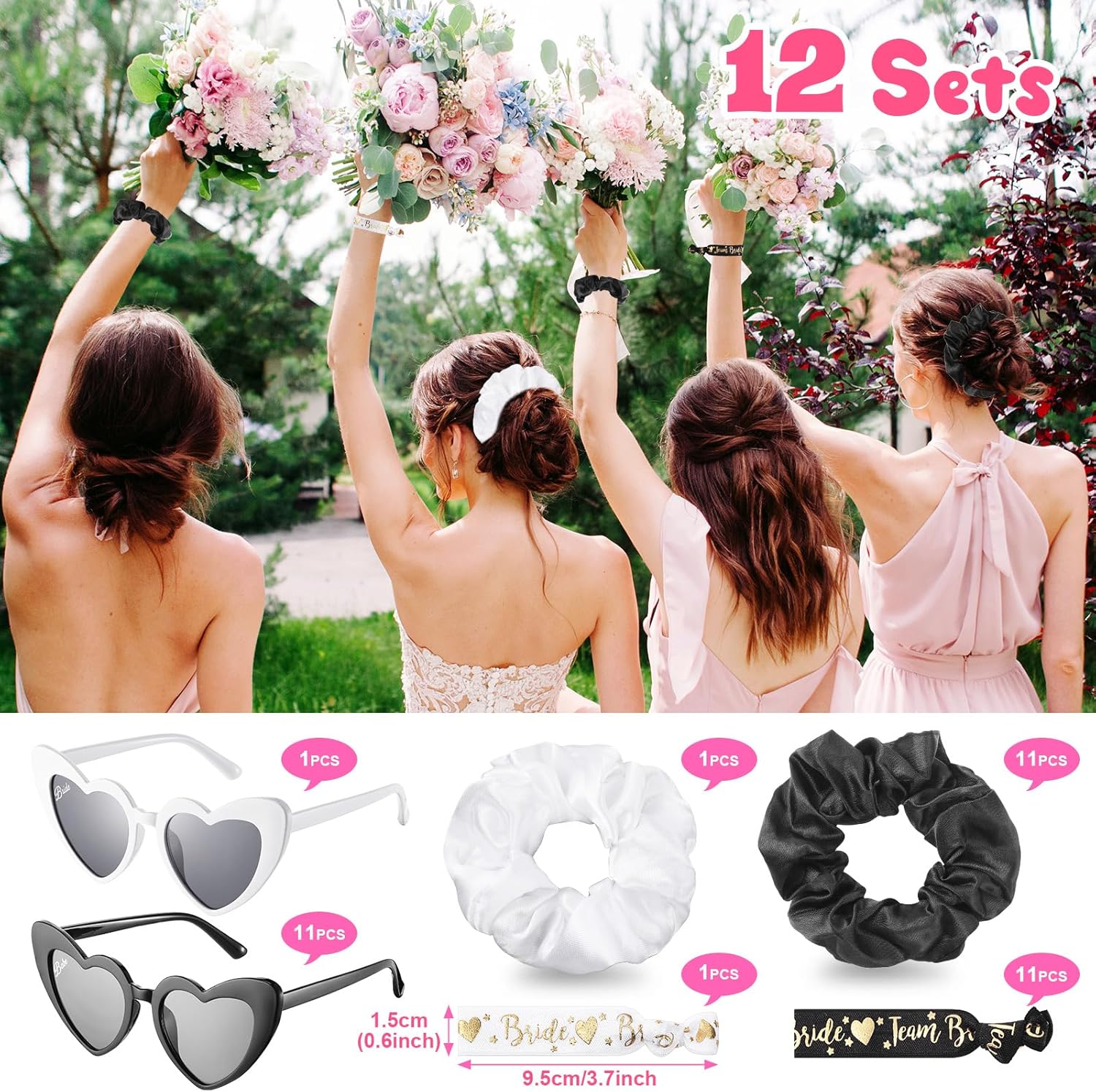 Xuhal 36 Pcs/12 Sets Bridesmaid Proposal Gifts Team Bride Heart Sunglasses Wristbands Scrunchies for Bachelorette Party Favors(White, Black)