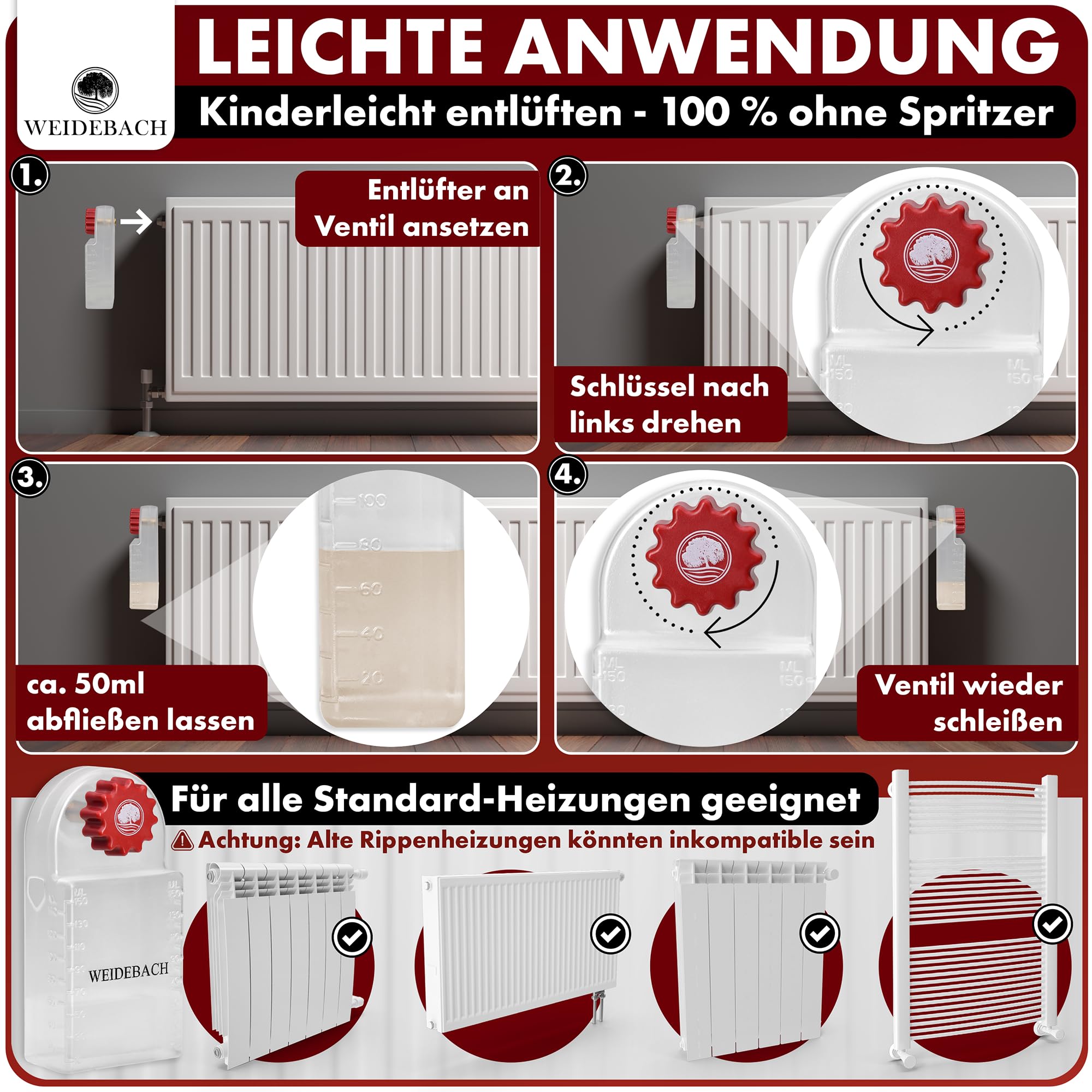WEIDEBACH® ontluchtingssleutel voor verwarming met opvangbak (140ml), verwarmingsontluchter incl. microvezeldoek & mini ontluchtingssleutel voor smalle ruimtes, ontluchter voor elke verwarming, brede