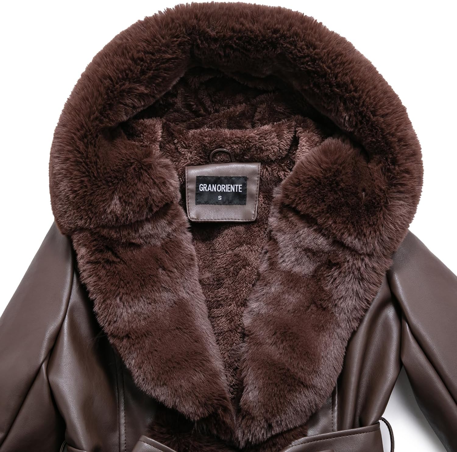 GRAN ORIENTE Women's Faux Leather Coat with Faux Fur Collar,Winter Warm Belted Mid Length Trim Jacket Fur Lined with Hood - Image 4