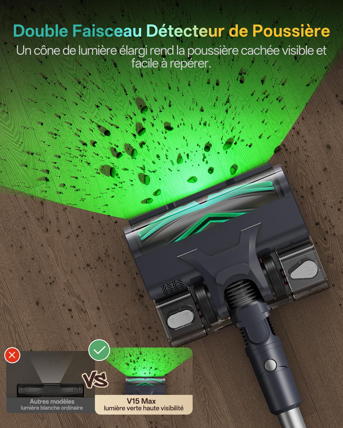 Vexilar V15 Max Aspirateur Balai sans Fil, 2 en 1 Laveur | 65000Pa, rosse 4D anti-poils d'animaux, filtration multicône, LED Duralgreen, autonomie 60 min, tube pliable, support mural