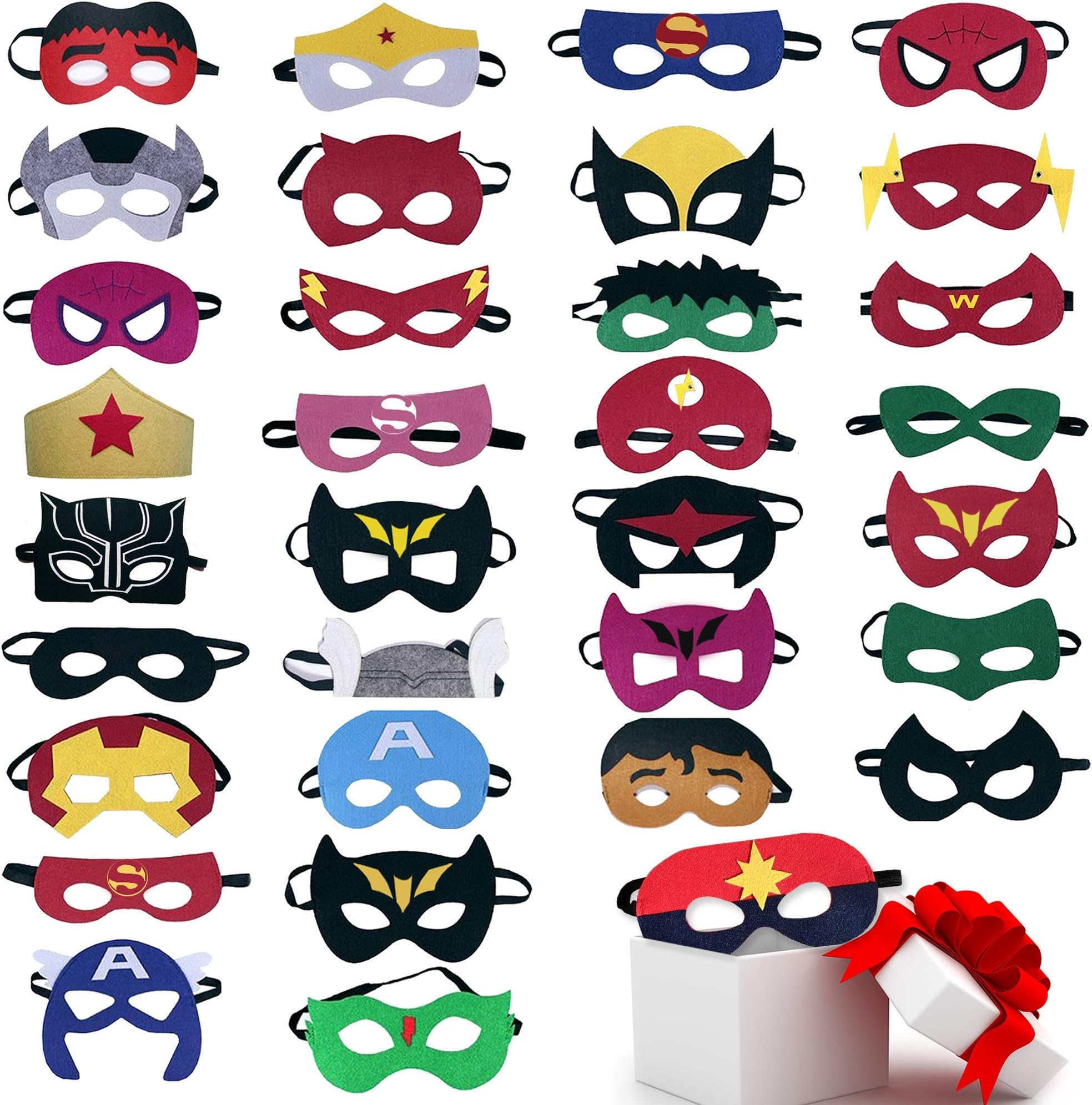 TEEHOME Superhero Masks Party Favors for Kid (33 Packs) Felt and Elastic - Superheroes Birthday Party Masks with 33 Different Types Perfect for Children