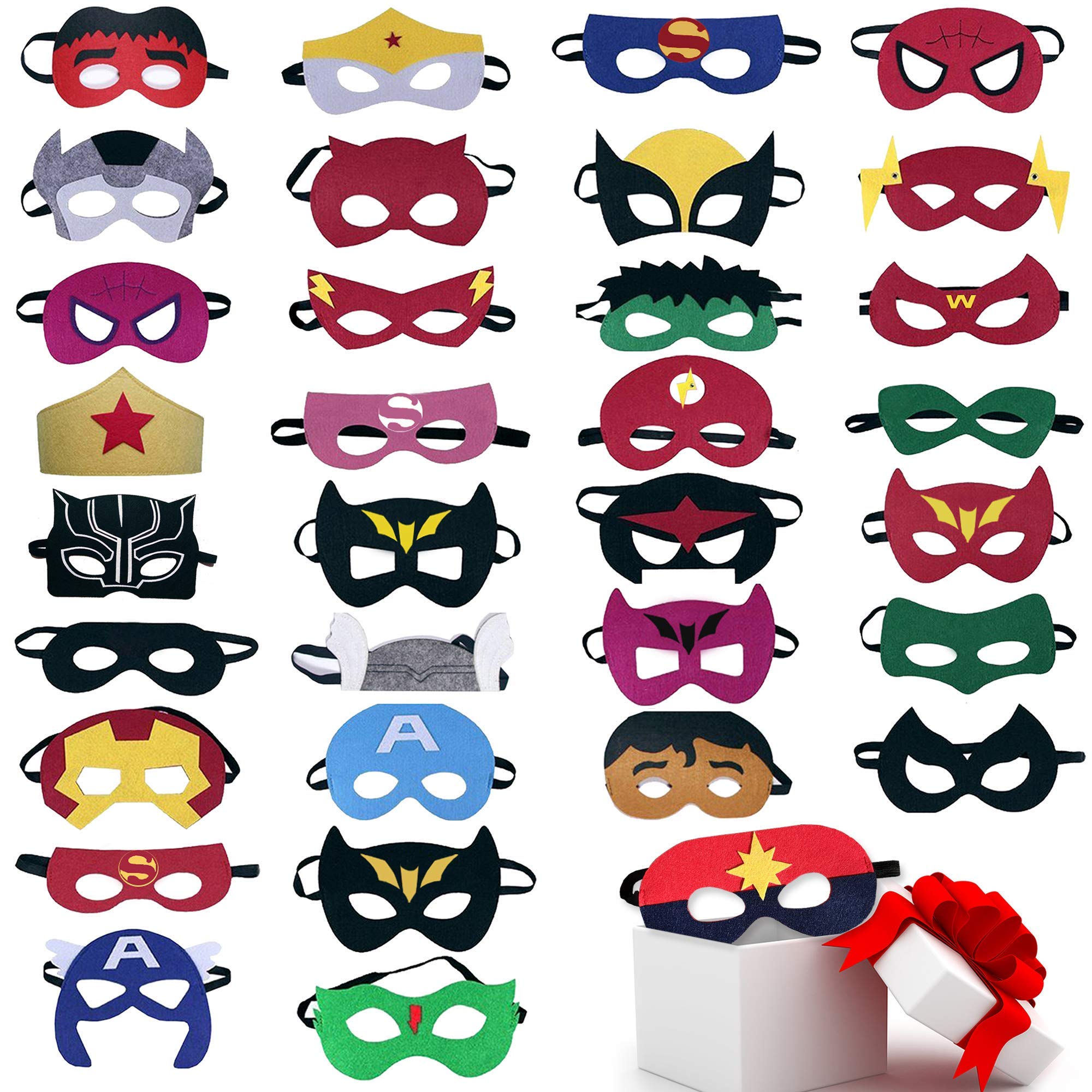TEEHOME Superhero Masks Party Favors for Kid (33 Packs) Felt and Elastic - Superheroes Birthday Party Masks with 33 Different Types Perfect for Children