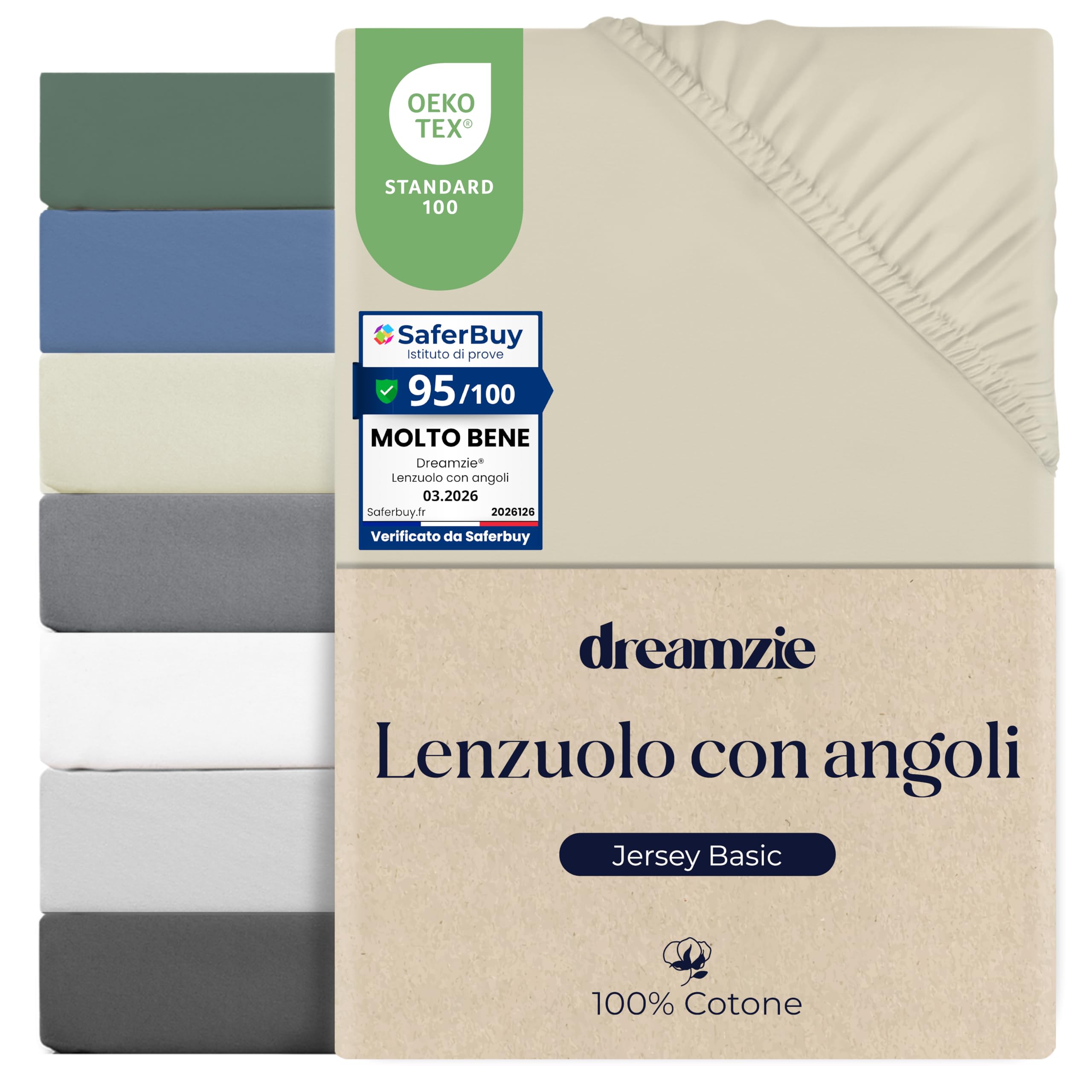 Dreamzie Lenzuolo Con Angoli Matrimoniale Cotone 160x200 cm, 100% Cotone Jersey Elasticizzato - Beige - Oeko-Tex Certificato e Ipoallergenico