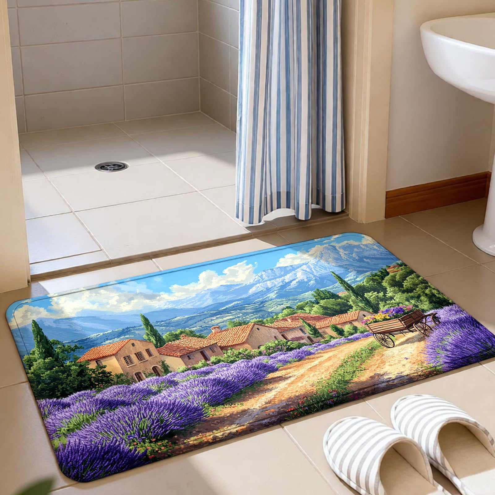 Teppichläufer Flur 50 x 200 cm Provence Lavendel Rutschfester Küchenteppich Ländlich abwaschbar, moderner Läufer für Wohnzimmer, Büro, Schlafzimmer und Küche