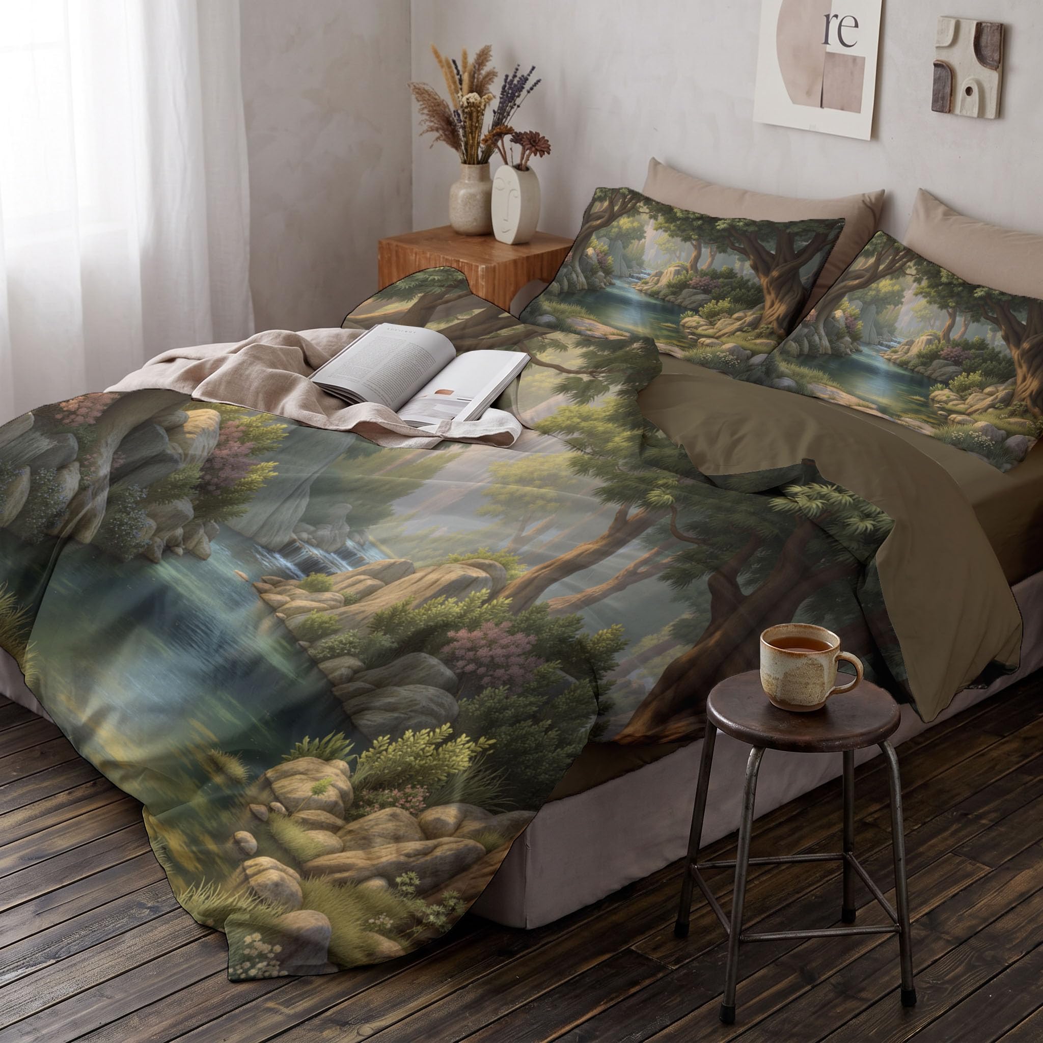 Housse de Couette 240x260cm Forêt Dessin Animé Solution Lit 2 Personnes Facile à Enfiler