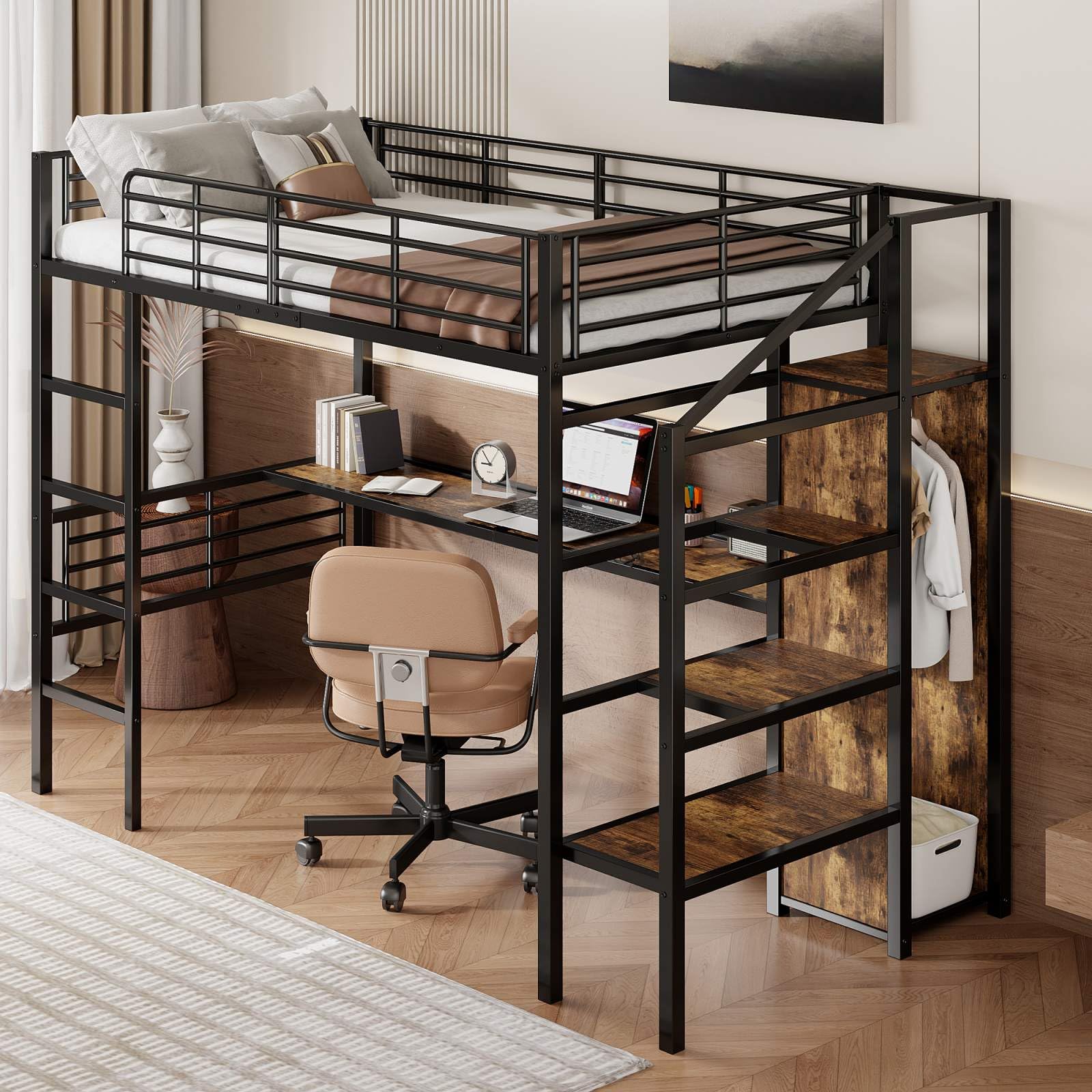 Lit mezzanine - 1 place - avec bureau et étagères - métal - noir
