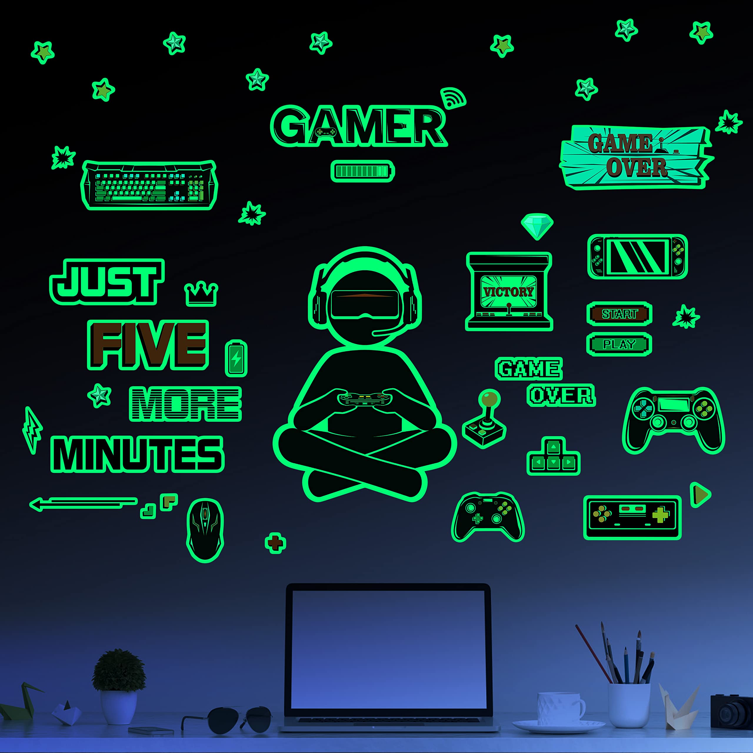 HONEYJOY Glow in The Dark Game Wall Decal Video Game Room Decor Gaming Decals for Boys Room Wall Stickers for Kids Bedroom Sticker Home Playroom Decoration