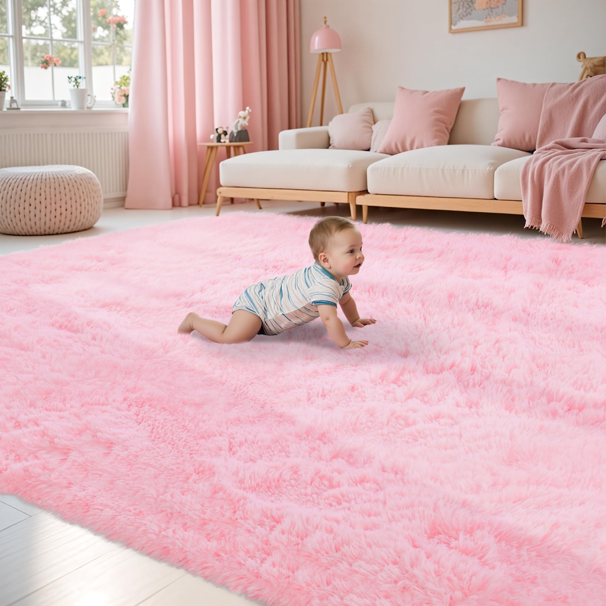 fluffy pink area rug for bedroom living room soft 8x10 fuzzy washable rugs non-shedding indoor plush rug for nursery kids room dorm room home decor, high pile shaggy floor carpets(pink 8'x10')