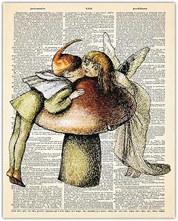 Buzz Unplugged Vintage Mushroom Wall Art - Angels Kissing Over Mushroom Poster - Botany Cottagecore Wall Decor, Vintage Plant Earthy Posters, UNFRAMED 8x10 Dictionary Pictures