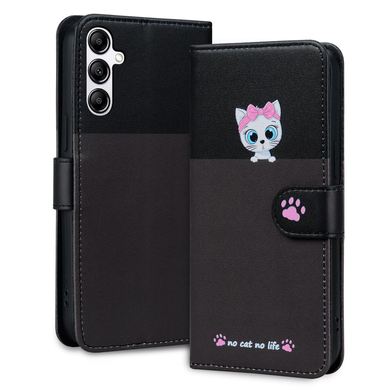 Case for Samsung Galaxy A54 5G, Cute Cat Animal Cartoon Bi-Color PU Leather Wallet Case Flip Cover with Card Slots, Kickstand, Pink Claw Magnetic Closure, Black/Dark Grey