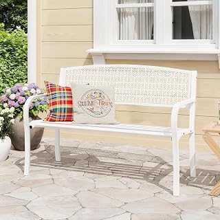 50-Inch Outdoor Bench, Ergonomic Curved Backrest, Powder-Coated Steel Frame, Weather-Resistant Patio, Porch, Garden or Balcony Seating for 2–3 Adults, Modern Decorative Design, White