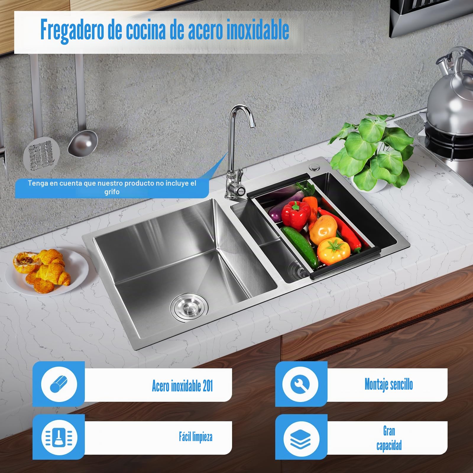 Fregadero doble 201 de acero inoxidable, empotrable, 78 x 43 x 21 cm, rectangular con escurridor, filtro de residuos, dispositivo de drenaje de cocina, fregadero de cocina con 2 cuencas
