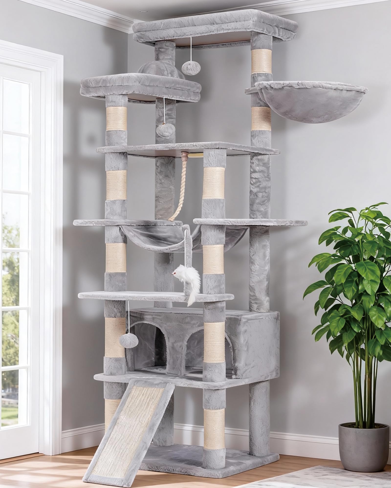Heybly Tall Cat Tree, 78-inch Multi-Level Cat Tower for Indoor Cats, 2 Widened Plush Perches Cat Condo with Scratching Board and Big Caves, Light Gray HCT033W