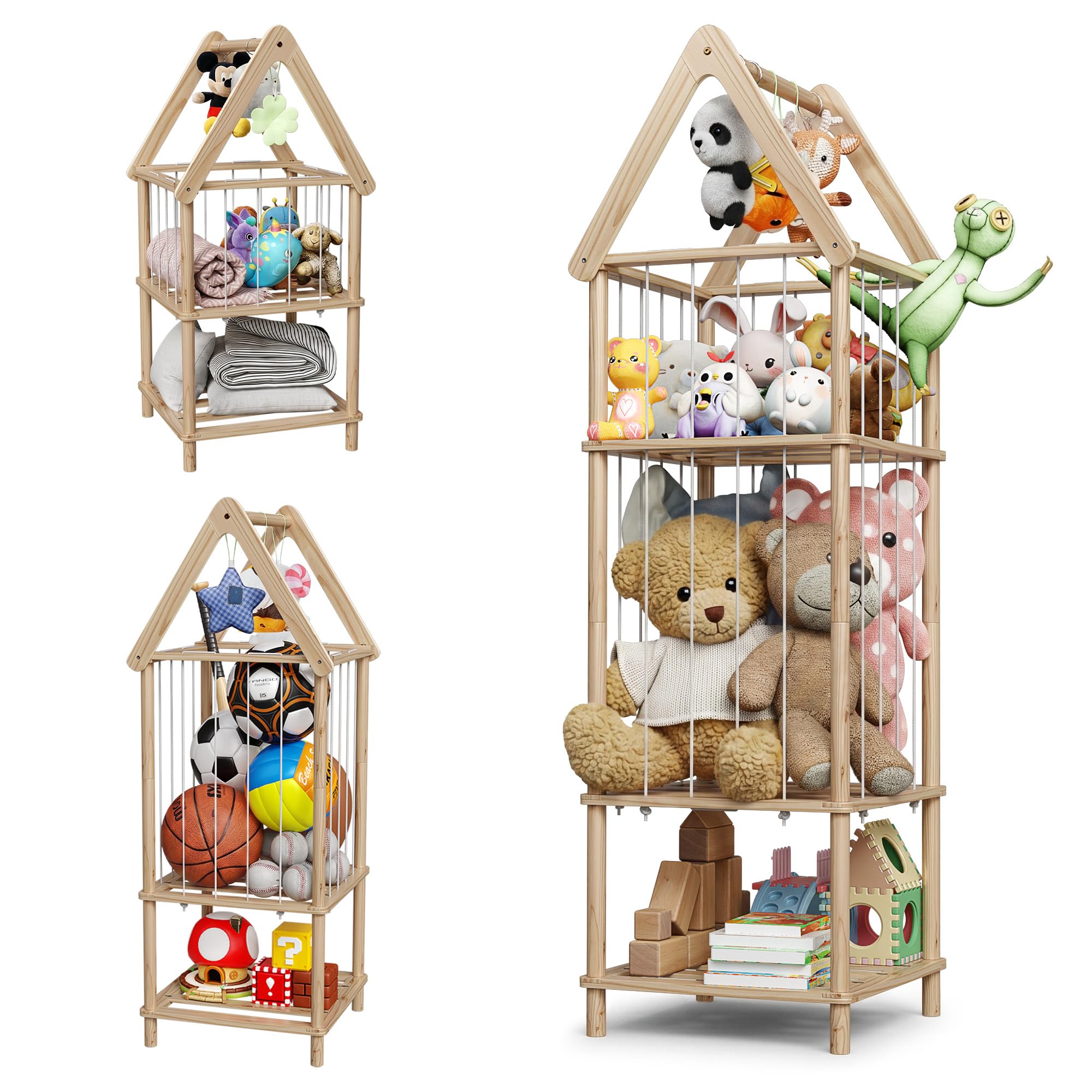 Photo 1 of Kid Stuffed Animal Storage Corner, 3 Heights Adjustable (36", 45.5", 55.5") Wooden Zoo Stuffed Animal Organizer with Bottom Shelf, Durable Elastic Plushies Storage Cord - Teddy Bear Holder