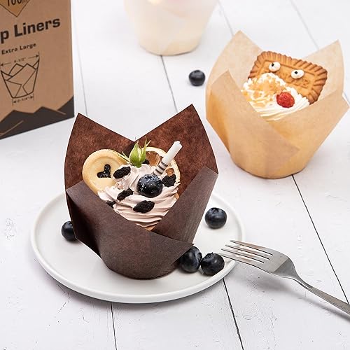 Miniatura 4 de Bake Choice Nordic Paper 100 unidades de forros grandes para magdalenas de tulipán marrón para tazas de horneado, papel pergamino de la UE, forros