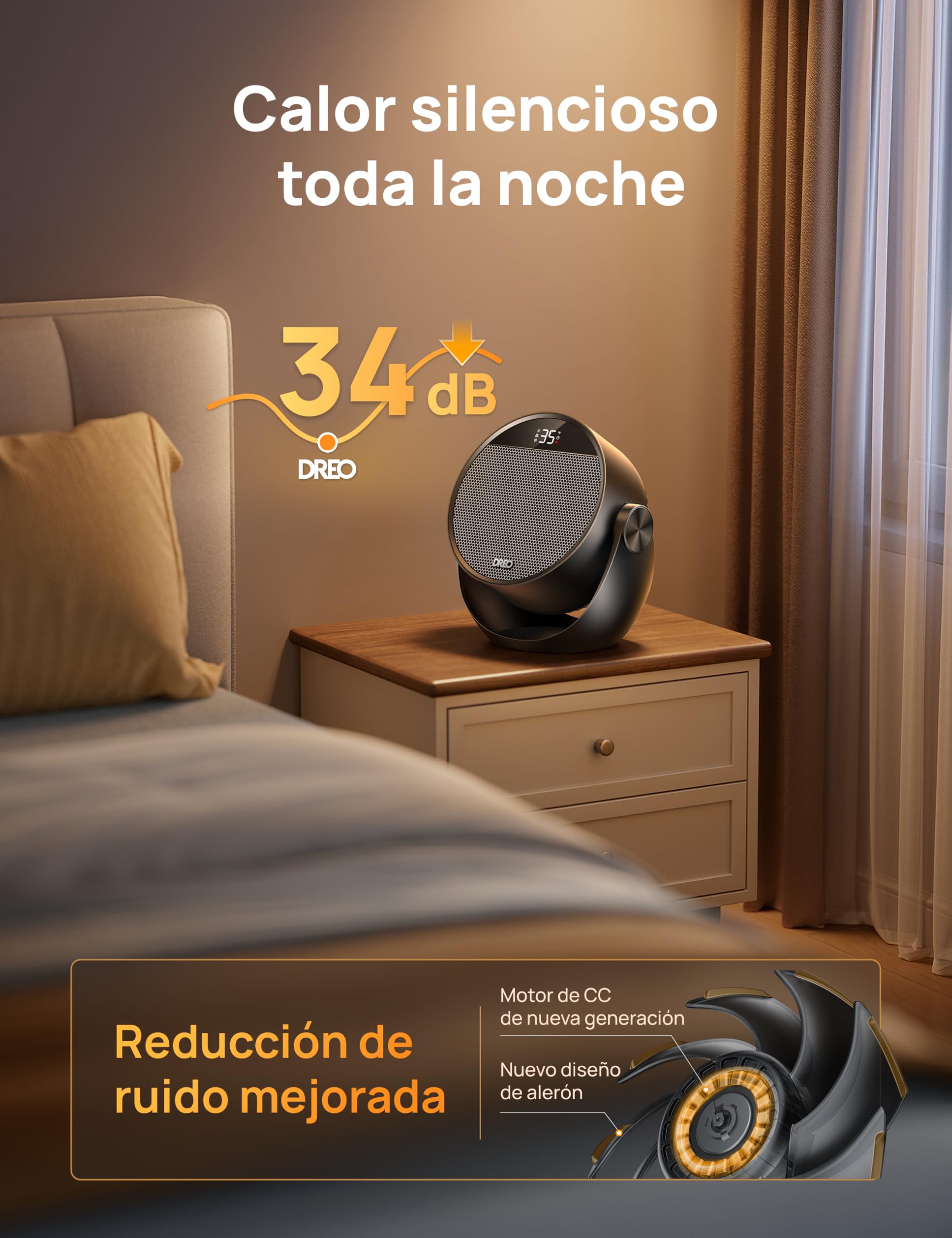 Dreo Calefactor eléctrico 1500W silencioso y de bajo consumo, portátil con mando y termostato, inclinación 60°, 8 sistemas de seguridad, cerámica PTC, temporizador 12h, 3 modos y 3 velocidades