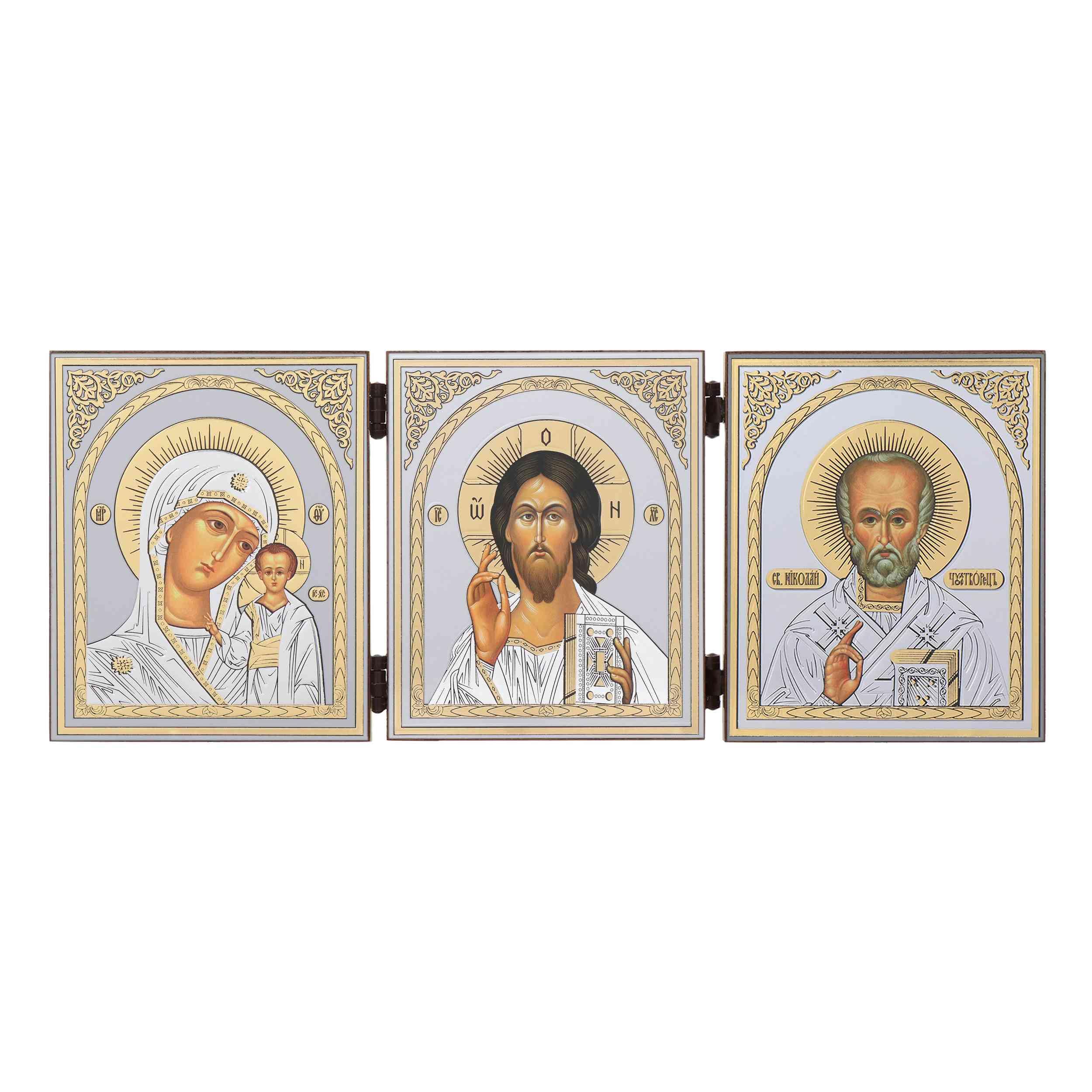 Nklaus Kazan Gm, Jesus & St. Santa Claus - Gm Of Kazan & Jesus Christ & Saint Nicholas - Icon Triptych - 12 X 31 Cm - Christian 16507