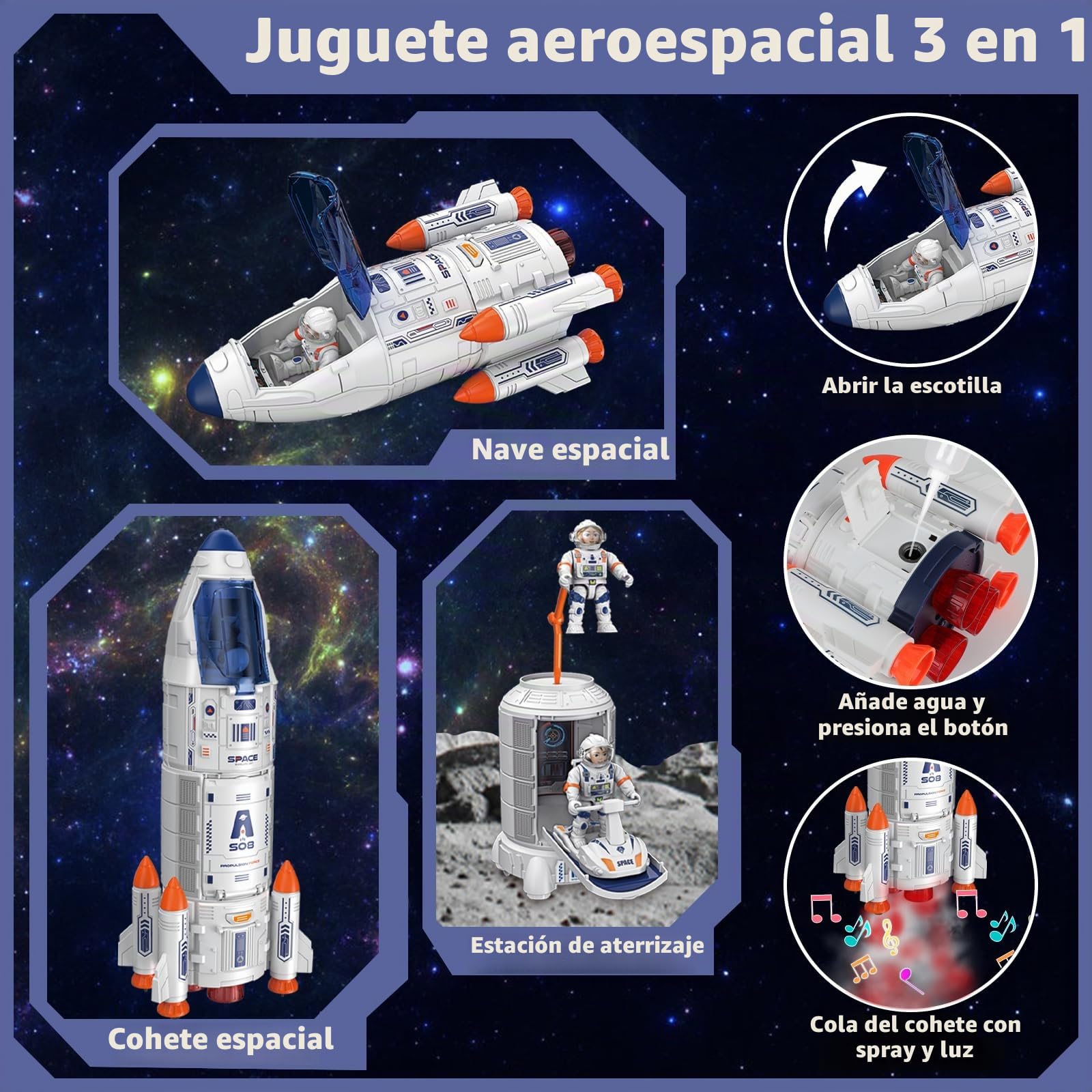 deAO Cohete Espacial Juguete para Niños, Juguetes de Transbordador Espacial | Luces y Sonidos y Humo, Nave Espacial, Vehículo Explorador, 2 Astronautas, 60*80 CM Tapete, Regalo para Niños de 3+ Años