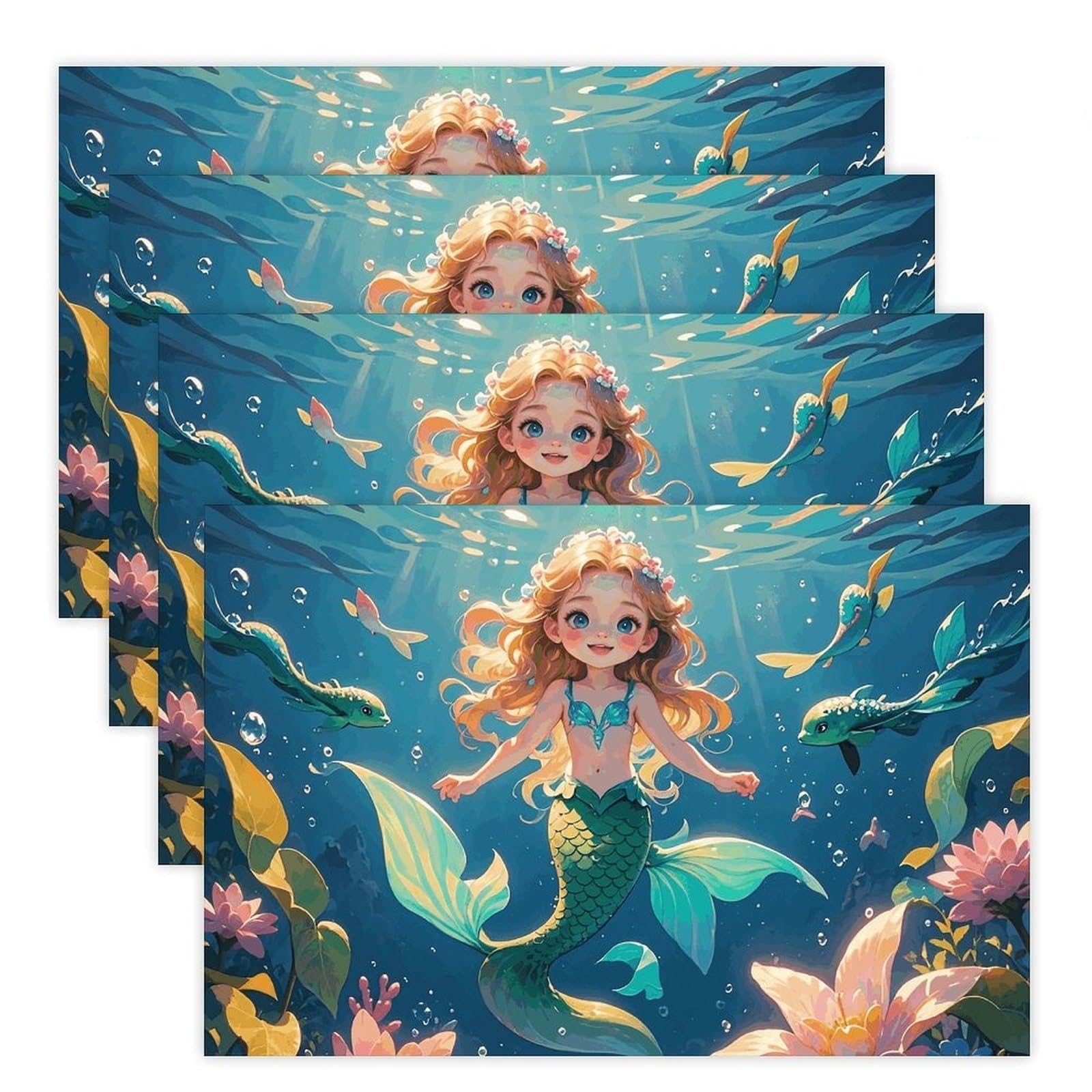 Mermaid Place Mat for Restaurant, Portable Table Mat for Kitchen, Anti-Slip Placemats for Home, Fashionable Place Mats for Wedding, Party, Hotels, Apartments 30x45cm*4