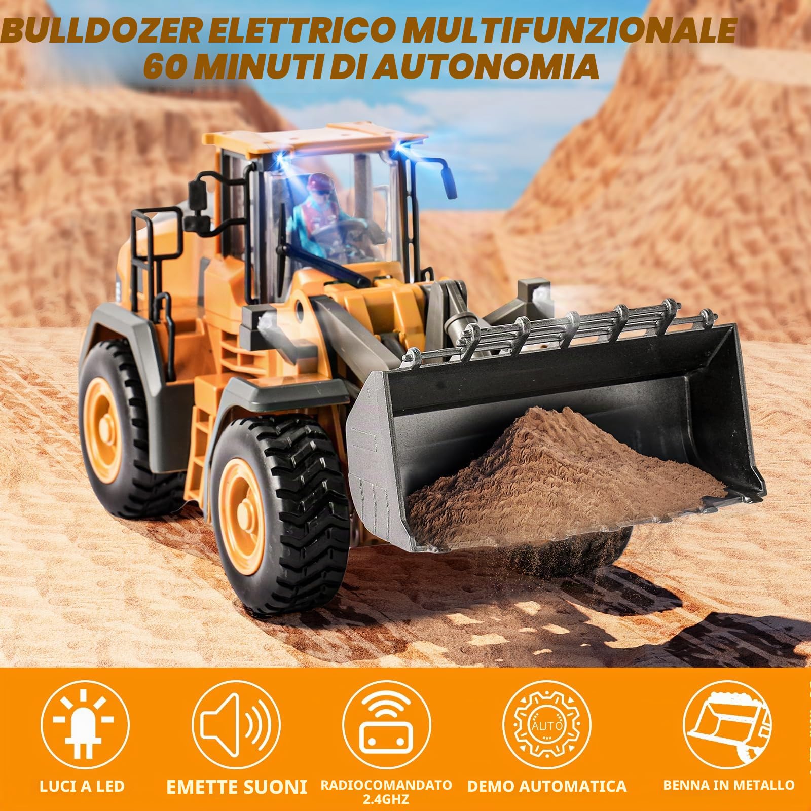 maysida Escavatore giocattolo con telecomando, bulldozer con luci e suoni per bambini dai 3 ai 12 anni, escavatore RC da 2,4 GHz con pala in metallo, veicolo da costruzione, regalo di compleanno