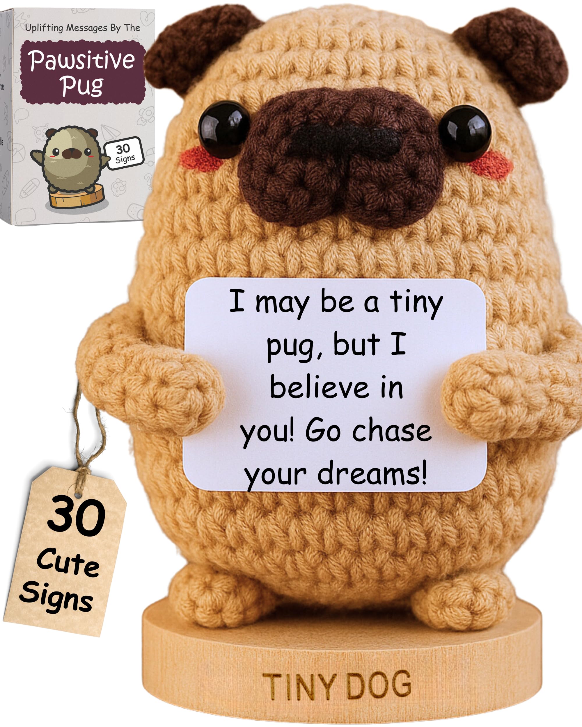 Pug Gifts for Pug Lovers - Tiny Positive Crochet Animal with 30
