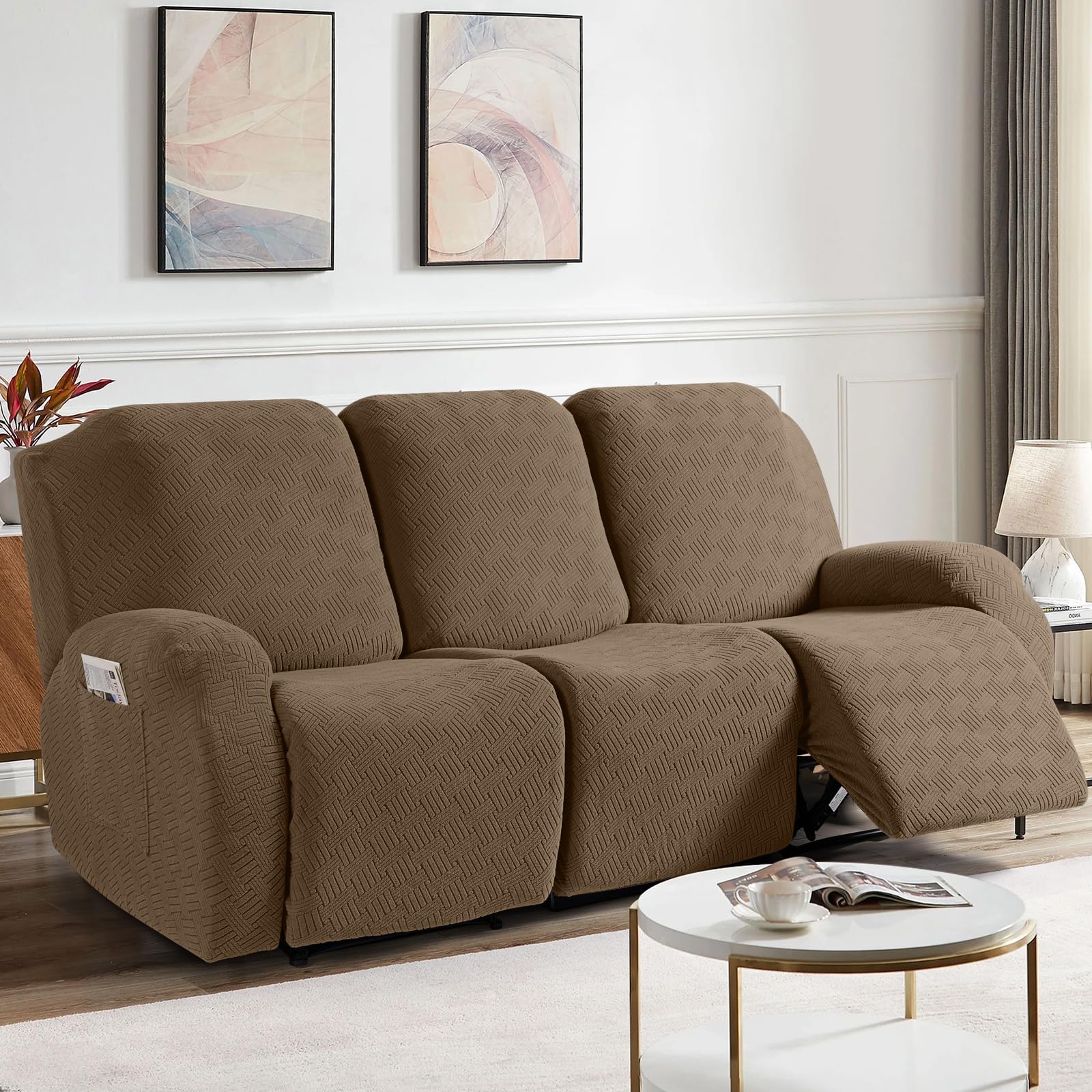 KinCam Jacquard Recliner Chair Cover, Stretch Sofa Slipcover with Armrest & Pocket, Soft Couch Cover Sofa Protector for Dogs & Pets, Washable Armchair Cover (3 Seater, Light Brown)