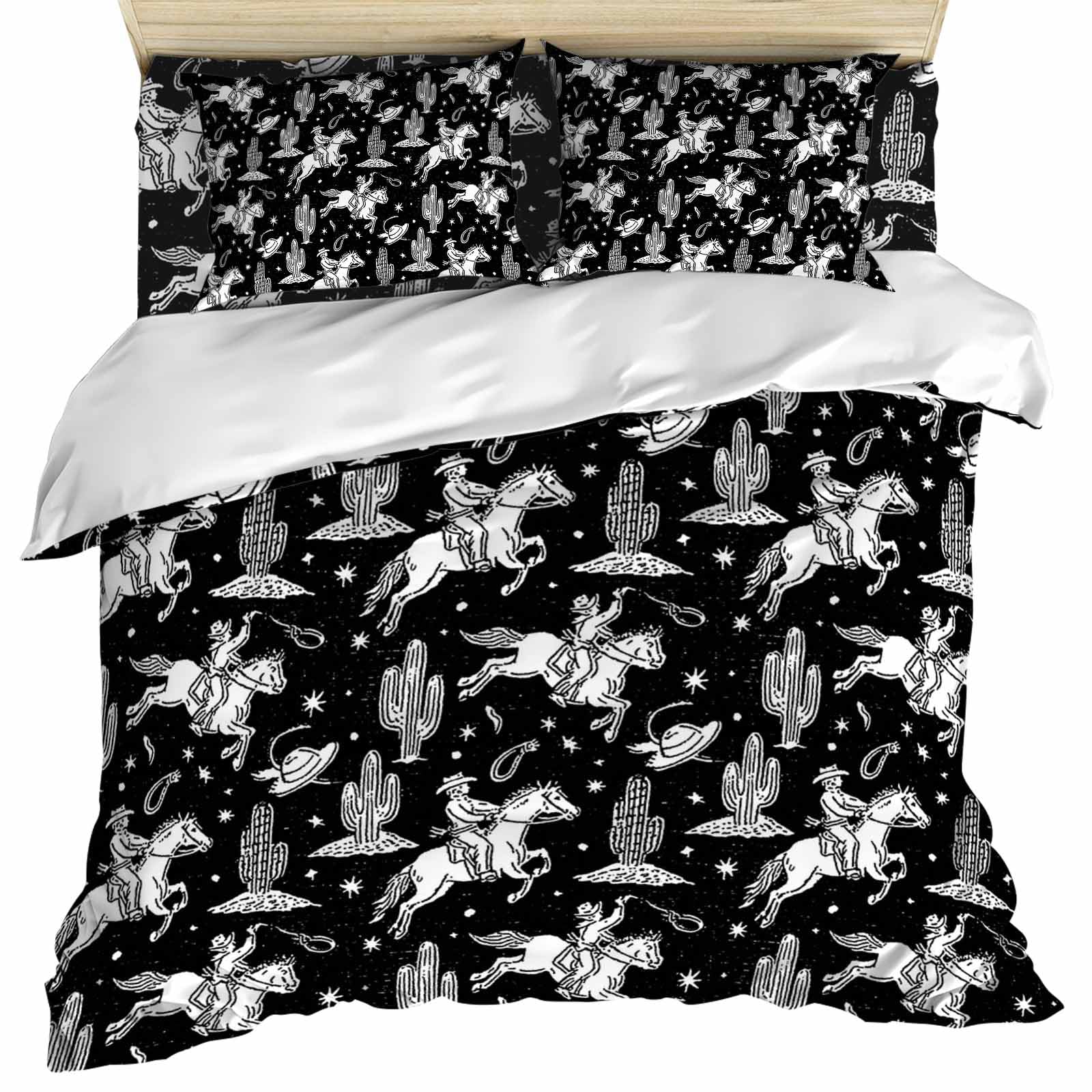 Set of 4 Bedding Quilt Covers, Western Cowboys 4-Piece Bed Sheet Set with Extra Soft Bed Sheets Quilt Cover Pillowcase, Vintage Desert Cactus Horseshoe Black Queen