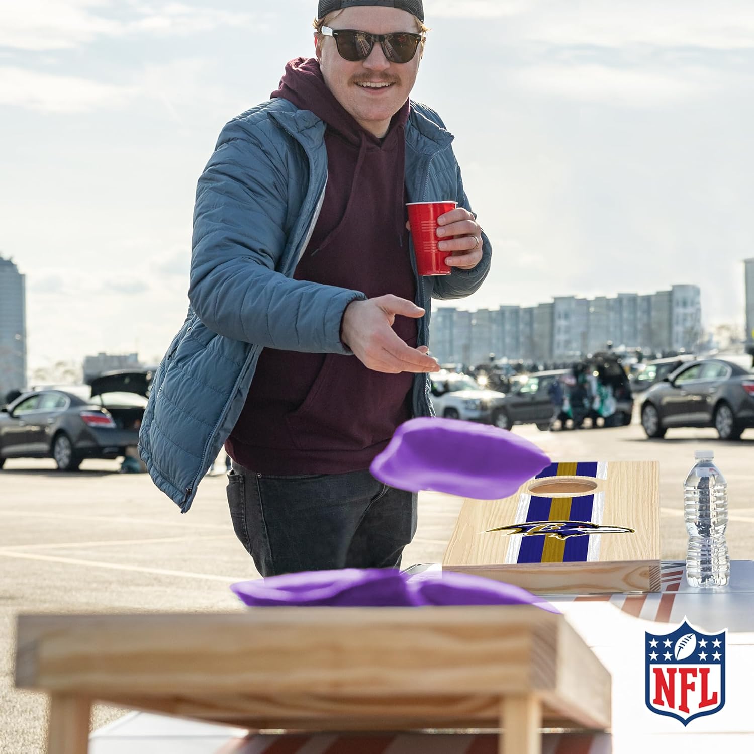 Wild Sports NFL Football Baltimore Ravens 1' x 2' Travel Size Solid Wood Cornhole Set with Direct Print HD Team Graphics – Great Gift for Any Sports Fan! Bean Bag Toss Family Games for Outdoor Play