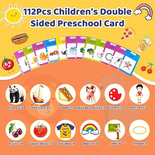 Miniatura 7 de Paquete de 2 tarjetas flash parlantes para niños pequeños, tarjetas de aprendizaje para bebés con 224 palabras visuales, juguetes educativos para