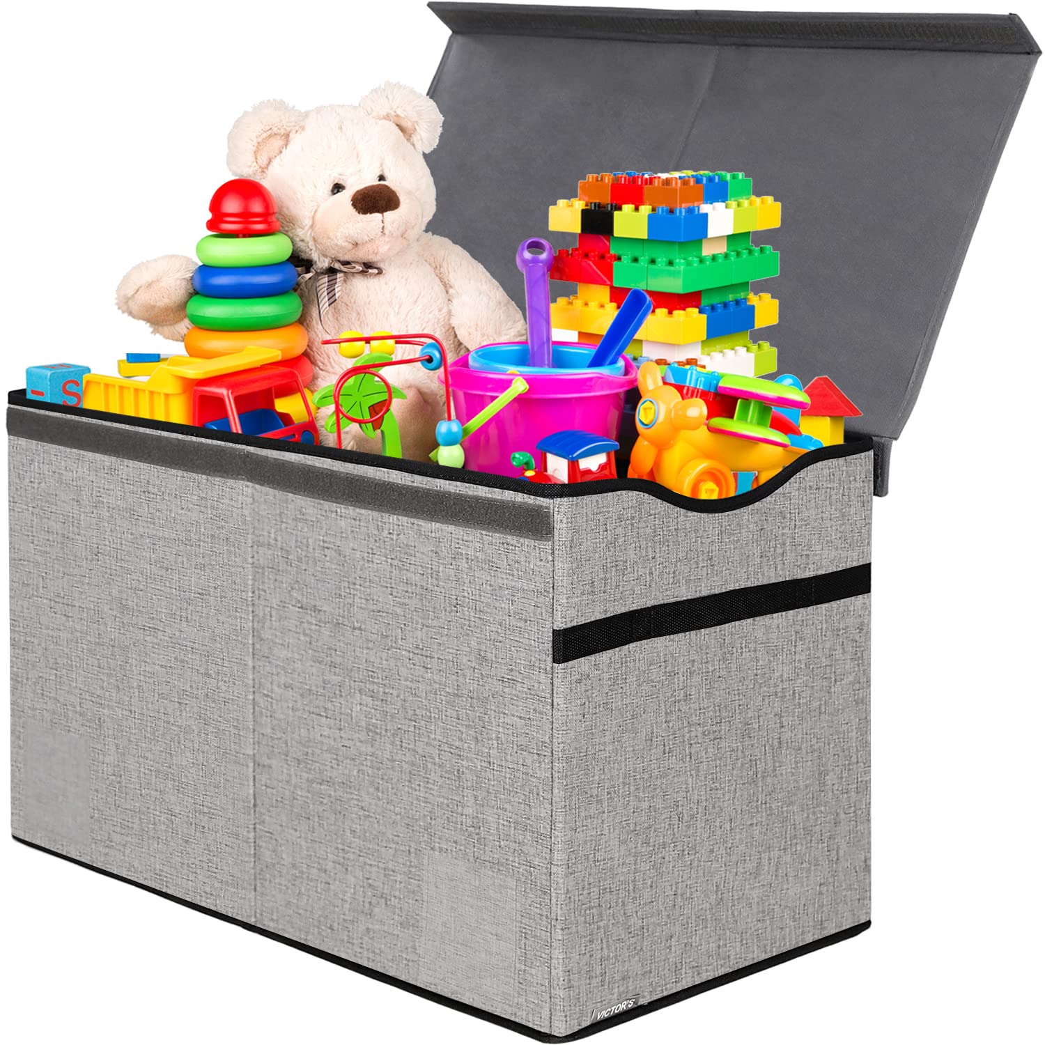 VICTORICH 100L Toy Box Chest, Collapsible Sturdy Storage Bins with Lids, Extra Large Kids Toy Storage Organizer Boxes Bins Baskets for Kids, Boys, Girls, Nursery Room, Playroom ?Fine linen gray?