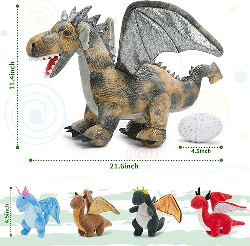 Vista 180 de Juego de 7 juguetes de peluche de dragón verde gigante de 21.7 pulgadas, animal de peluche con 4 bebés y 2 huevos, dinosaurios de peluche para niños