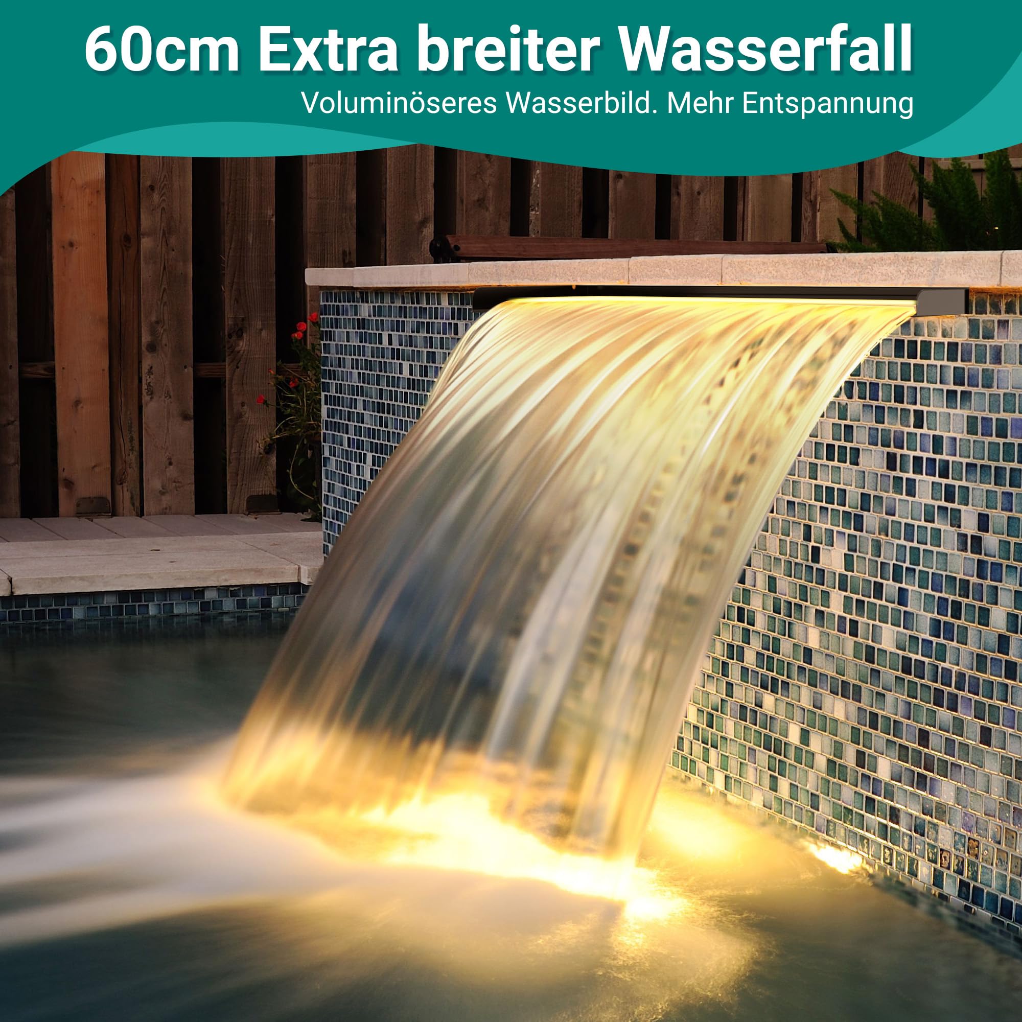 Biling Edelstahl Wasserfall Teich mit LED Warmlicht 60cm Bachlaufset 80W 4500L/H Pumpe für Gartenteich bis 8000L
