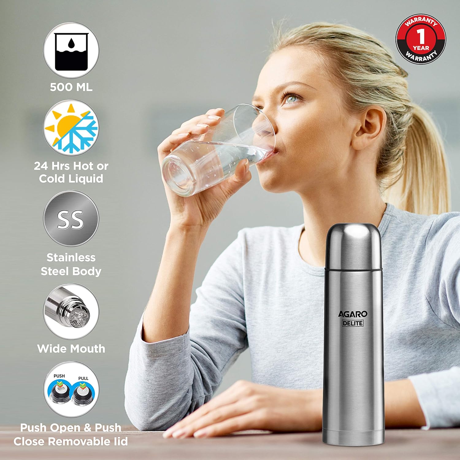 AGARO AG Delight Stainless Steel Flask, 500ml, Grey