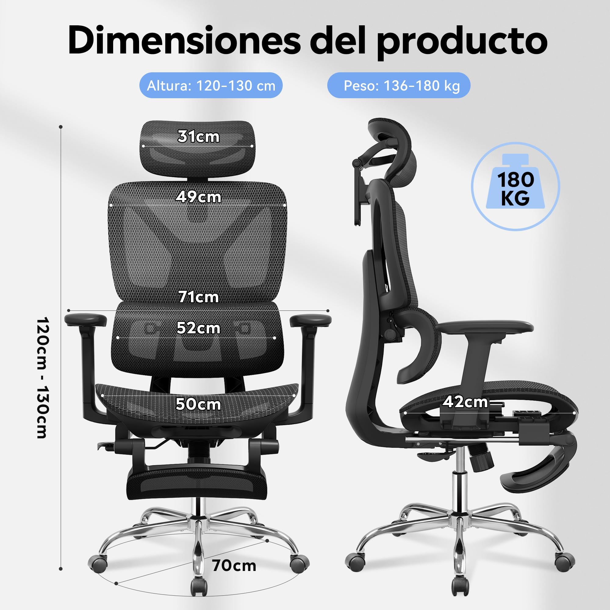DEVAISE Silla ergonómica Oficina + Respaldo reclinable + Soporte Lumbar y reposapiés + Ruedas silenciosas y Malla Transpirable + Ideal para teletrabajo y Estudio + Negro