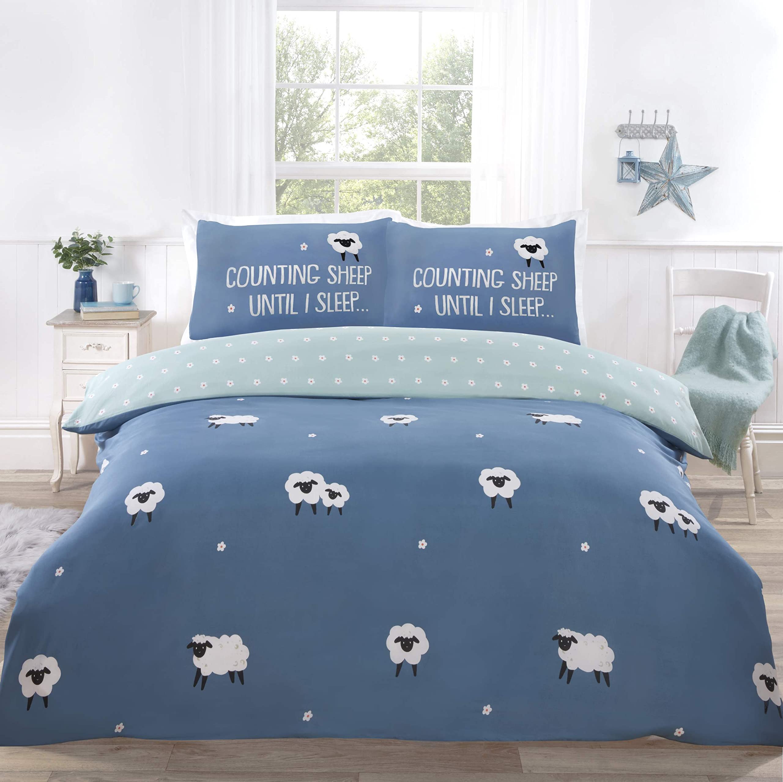 Cna Stores Blue - Dotty Sheep Single Duvet Cover Set Reversible Bedding (, Single)