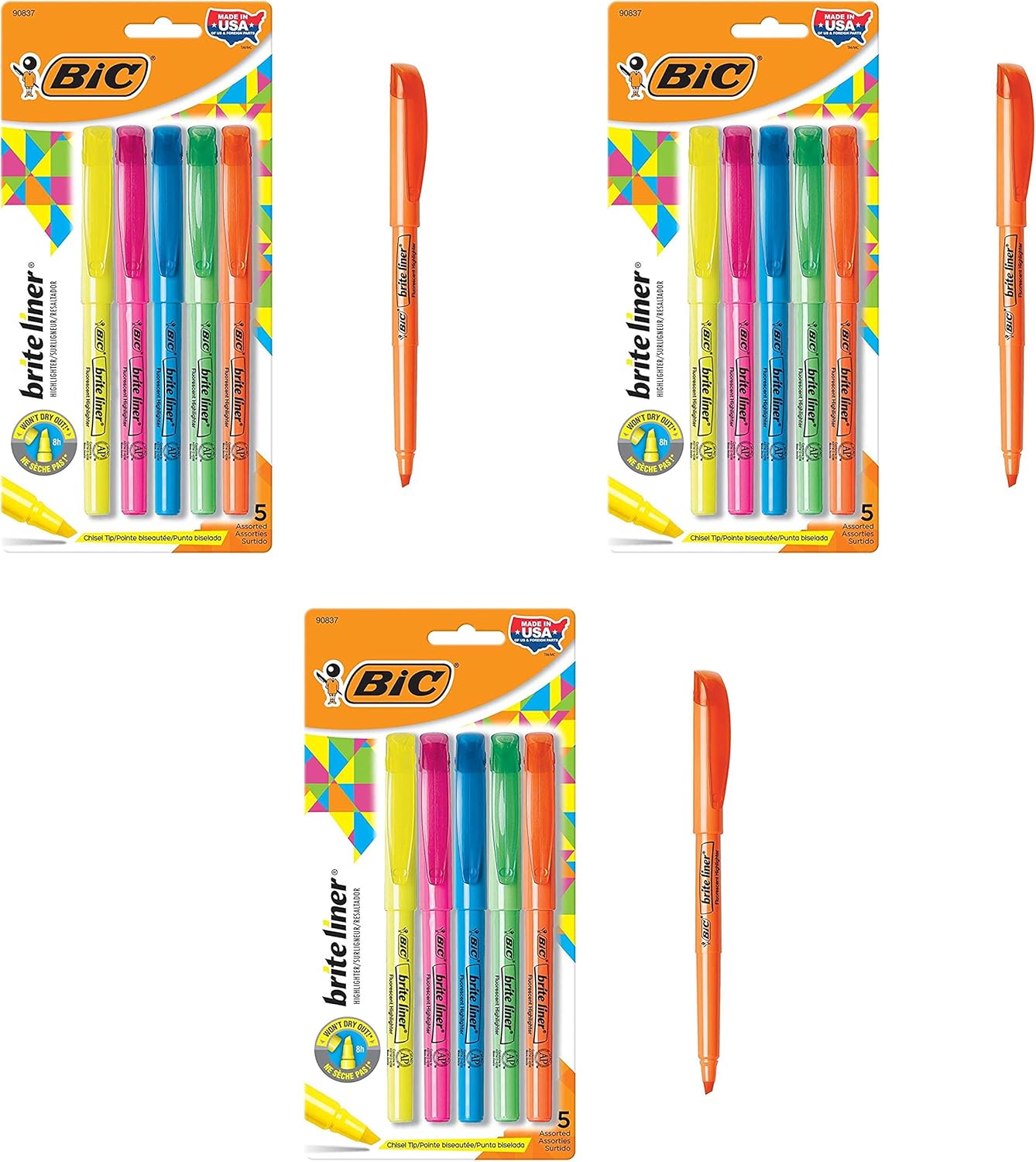 BIC Brite Liner Highlighter, Chisel Tip, Assorted Colors, 5Count Pack of 3