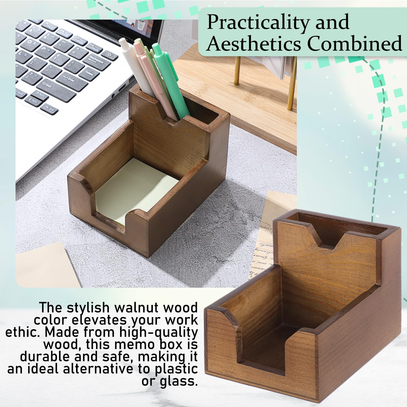 Crtiin Lot de 2 porte-notes adhésives en bois de couleur noyer 2 en 1 avec 200 feuilles de notes adhésives de 7,6 x 7,6 cm, organiseur de bureau élégant pour bureau, maison, école, dortoir