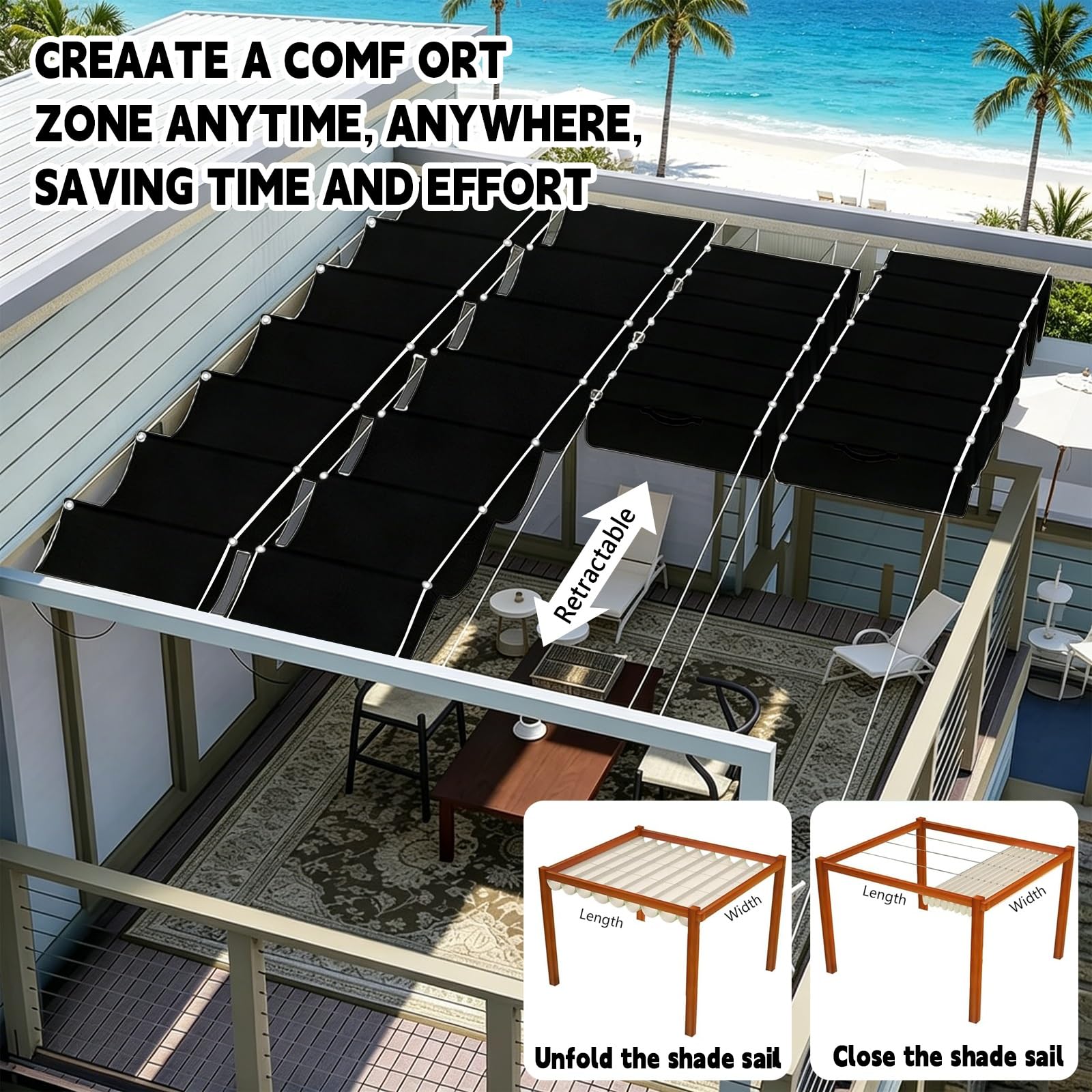 Toldo Retráctil de Onda 100 x 650 cm Impermeable Ondulada Toldos Exterior Protección Rayos UV Resistente Al Desgarro con Ojales y Cuerdas para Jardín Porche Patio Barbacoa, Negro