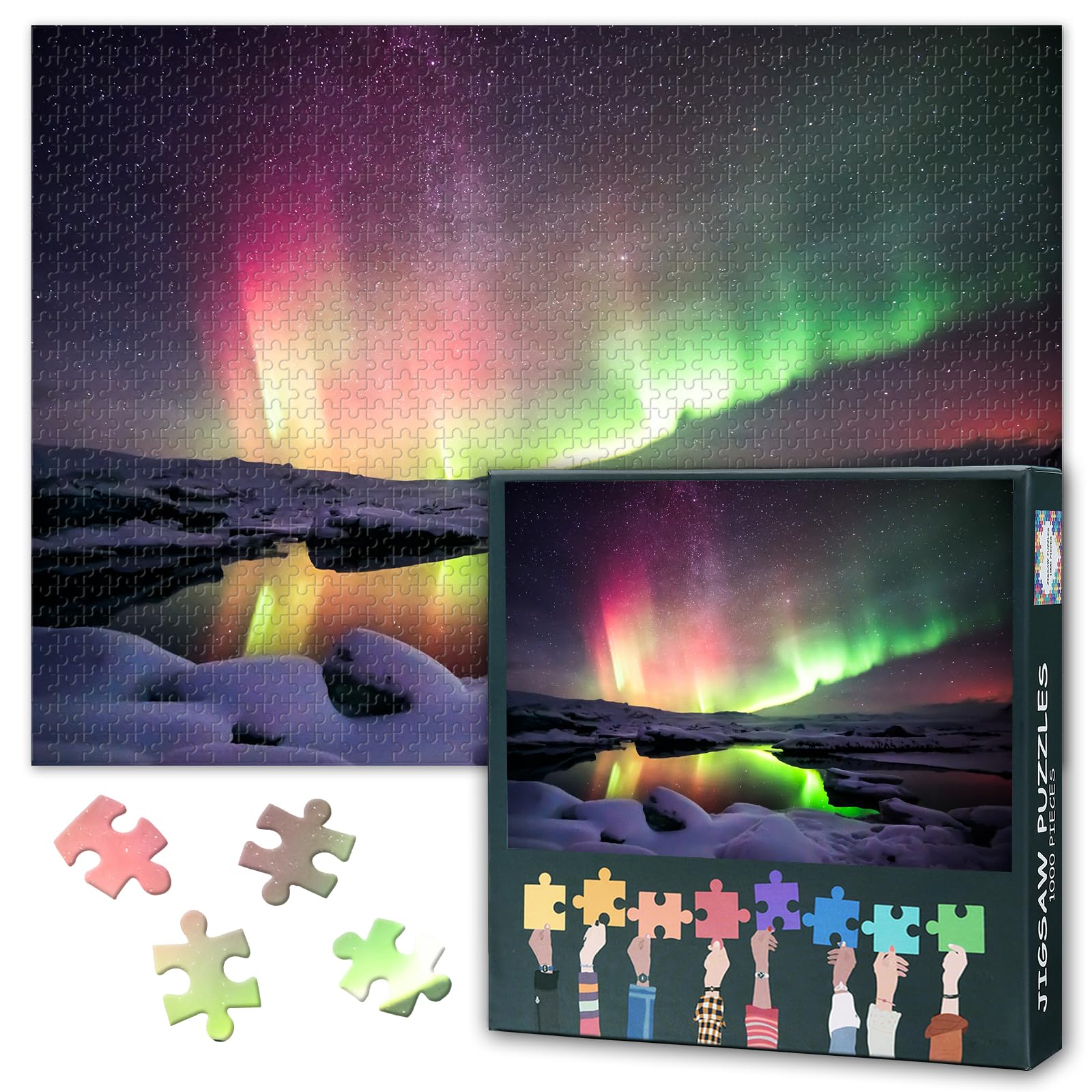 Puzzles for Adults 1000 Pieces, Green and red Aurora Jigsaw Puzzles, The Jokulsarlon Lagoon Iceland Adult Puzzle for Adults, Educational Fun Games or Toys for Elders Friends 20X27 INCH โ image 1