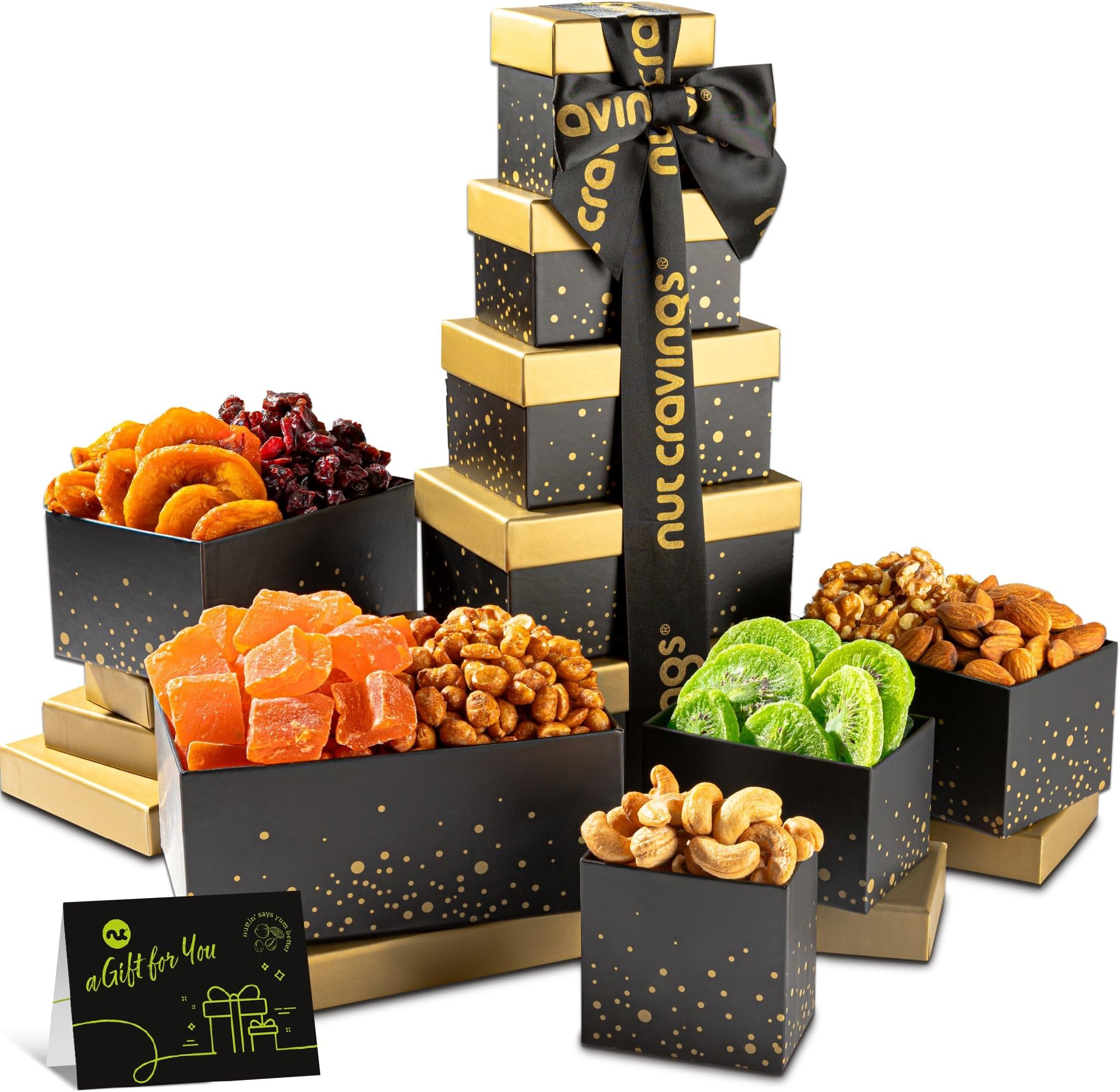 NUT CRAVINGS - Easter Dried Fruit & Mixed Nuts Gift Basket, Black Tower + Ribbon (8 Assortments) Food Arrangement, Healthy Snack Care Package, Kosher