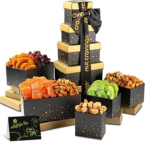 Vista 17 de NUT CRAVINGS Colección Gourmet - Agradecimiento y Apreciación, Cesta de Regalo Torre de Nueces y Frutas Secas, con Cinta TY + Tarjeta