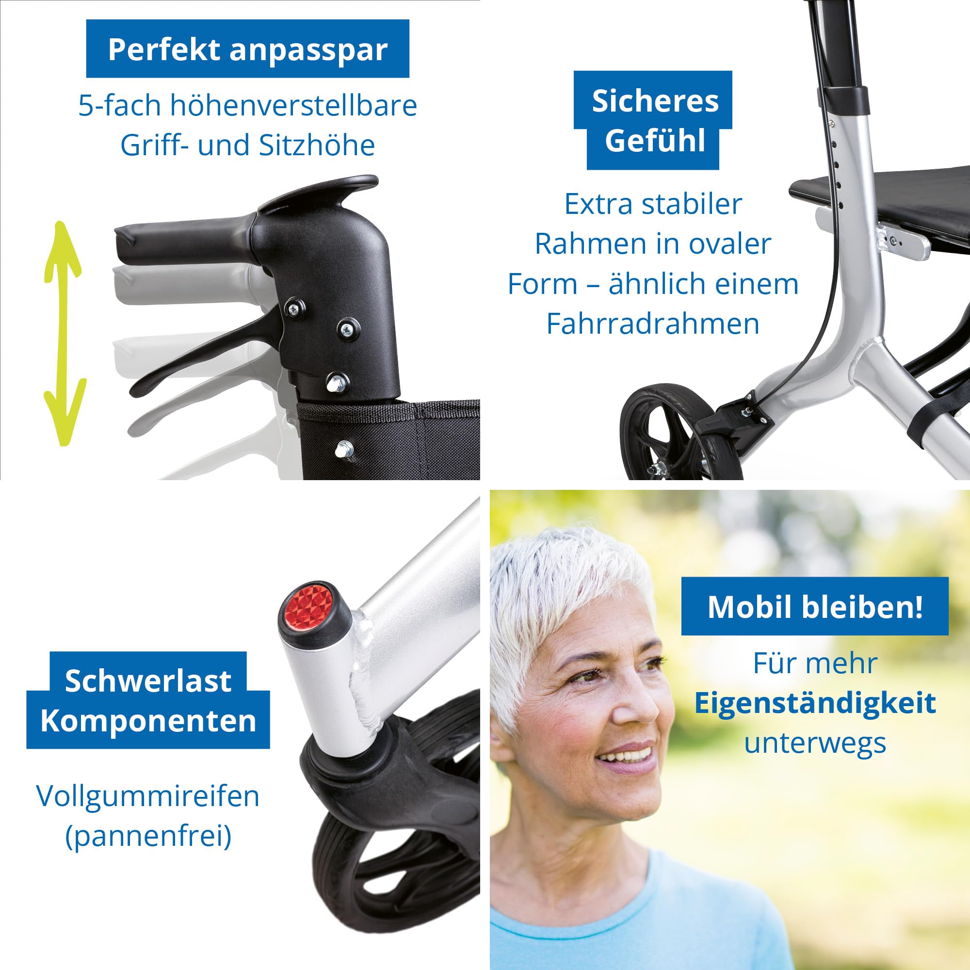 Weinberger 02262 Rollator XXL aus Aluminium, stabil, faltbar, Gehilfe XXL, mit Tasche, groß, schwarz, 10 kg