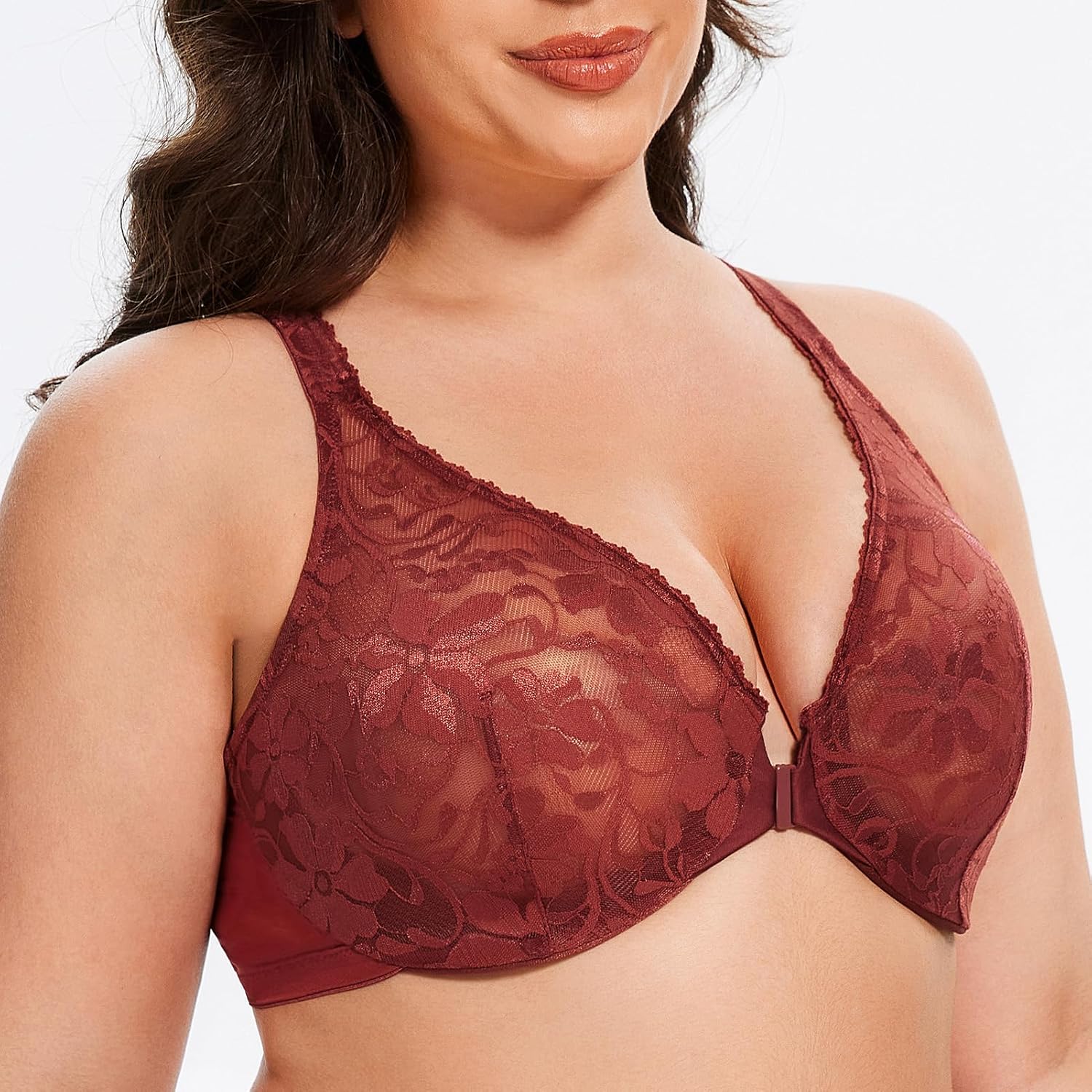 MELENECA Women's Front Closure Plus Size Racerback Stretch Lace Underwire Bra